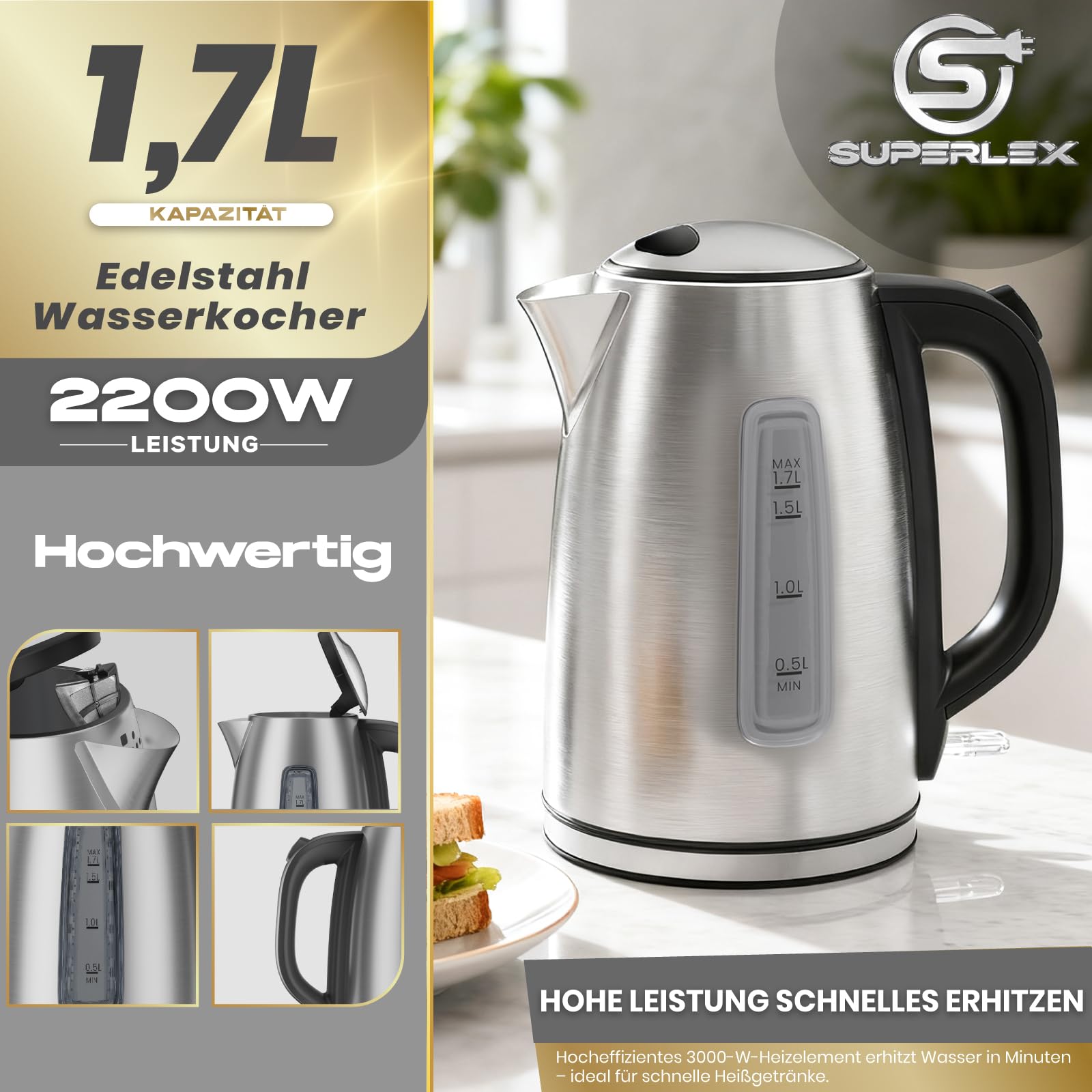 Hervidor de agua eléctrico de acero inoxidable 1,7 L 2200W con control Strix función de ebullición rápida tapa automática filtro extraíble con indicador de temperatura