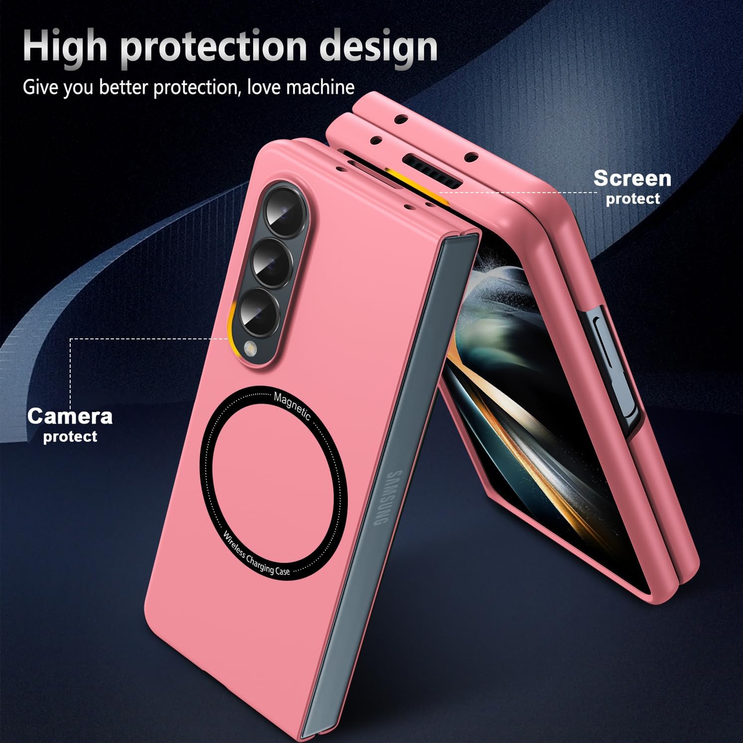 Magnetic for Galaxy Z Fold 4 5G Case,Lightweight,Slim Fit Drop Protection Rugged Shockproof Cover for Samsung Galaxy Z Fold 4 5G, Hard PC Shockproof Protective Phone Pink 18-Z Fold4-13