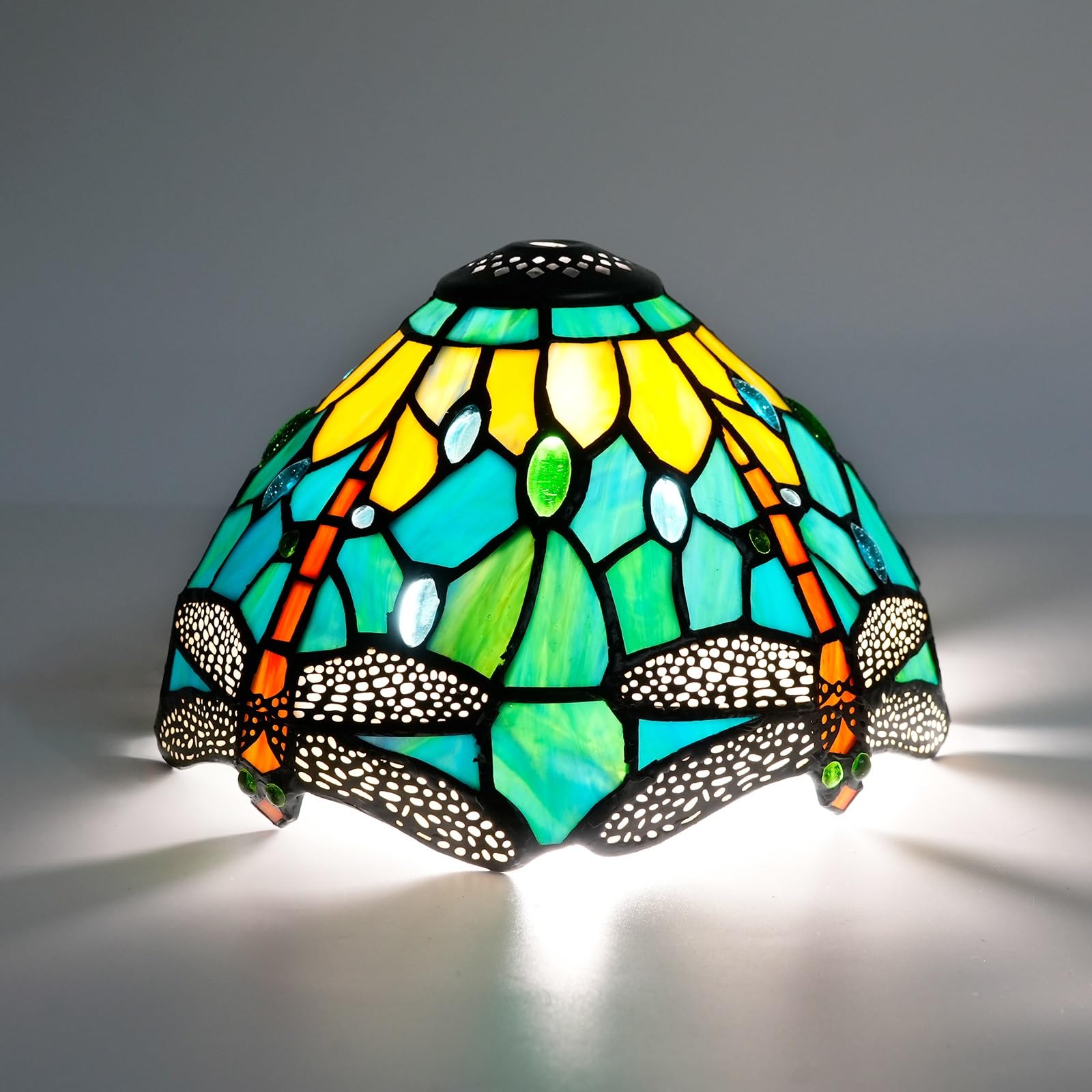 HJRegaFimu Shade Replacement 8" Green Yellow Dragonfly Stained Glass Lamp Vintage Art Decor Small Opening Lampshades For Table Chandelier Light Wall Floor Lamps