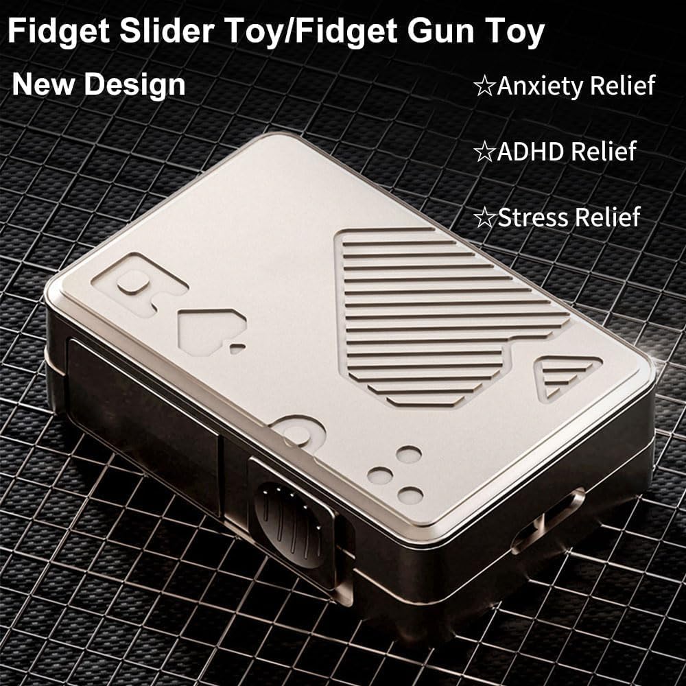 Fidget Slider for Adults, Metal Fidget Guns with Soft Bullet Shooting, Alloy Metal Poker Push Card Portable Stress Anxiety Relief Toys, Gift for Men Women