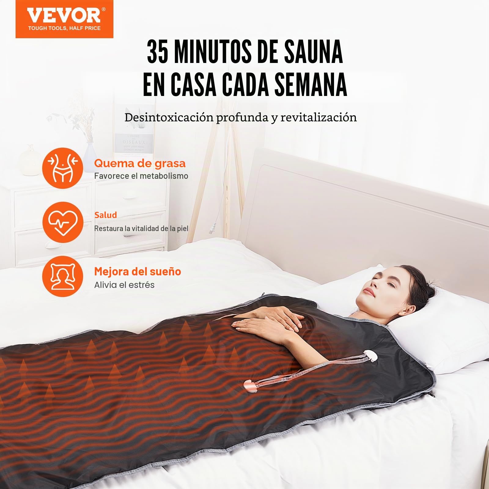 VEVOR Manta de Sauna de Infrarrojos Lejanos 180x80 cm Tela Oxford Temperatura Ajustable 1-6 Niveles 45-80 °C Temporizador de 1-60 min con Orificios para Brazos Bolsas de Sauna para Relajación en Hogar