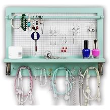 Wall Mount Jewelry Organizer with Shelf, Removable Rod, Hooks, Turquoise, 16.75 x 12 x 3 Inches, Earrings Necklaces Bracelets Rings Display Storage