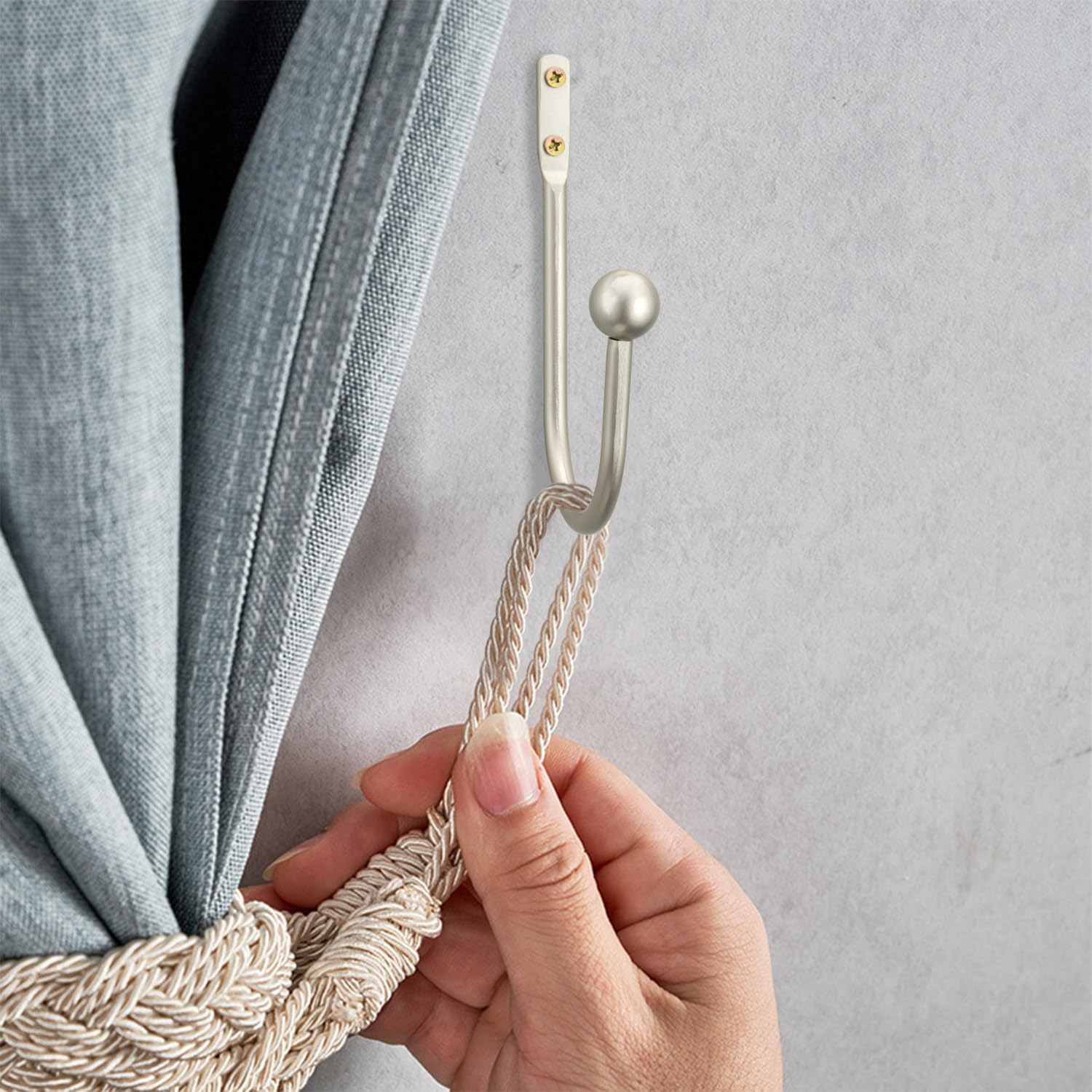 Curtain Holdback, 2 Pcs Wall Mounted Drapery Tiebacks with Screws, Heavy Duty Metal Decorative Window Drapery Holder Curtain Hook (Silver)