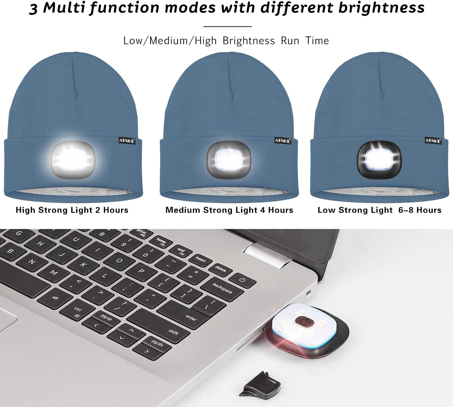 ATNKE LED Lighted Beanie Hat,USB Rechargeable 4 LED Running Headlamp Lined Fleece Cap with Light Gift for Men and Women - Image 5