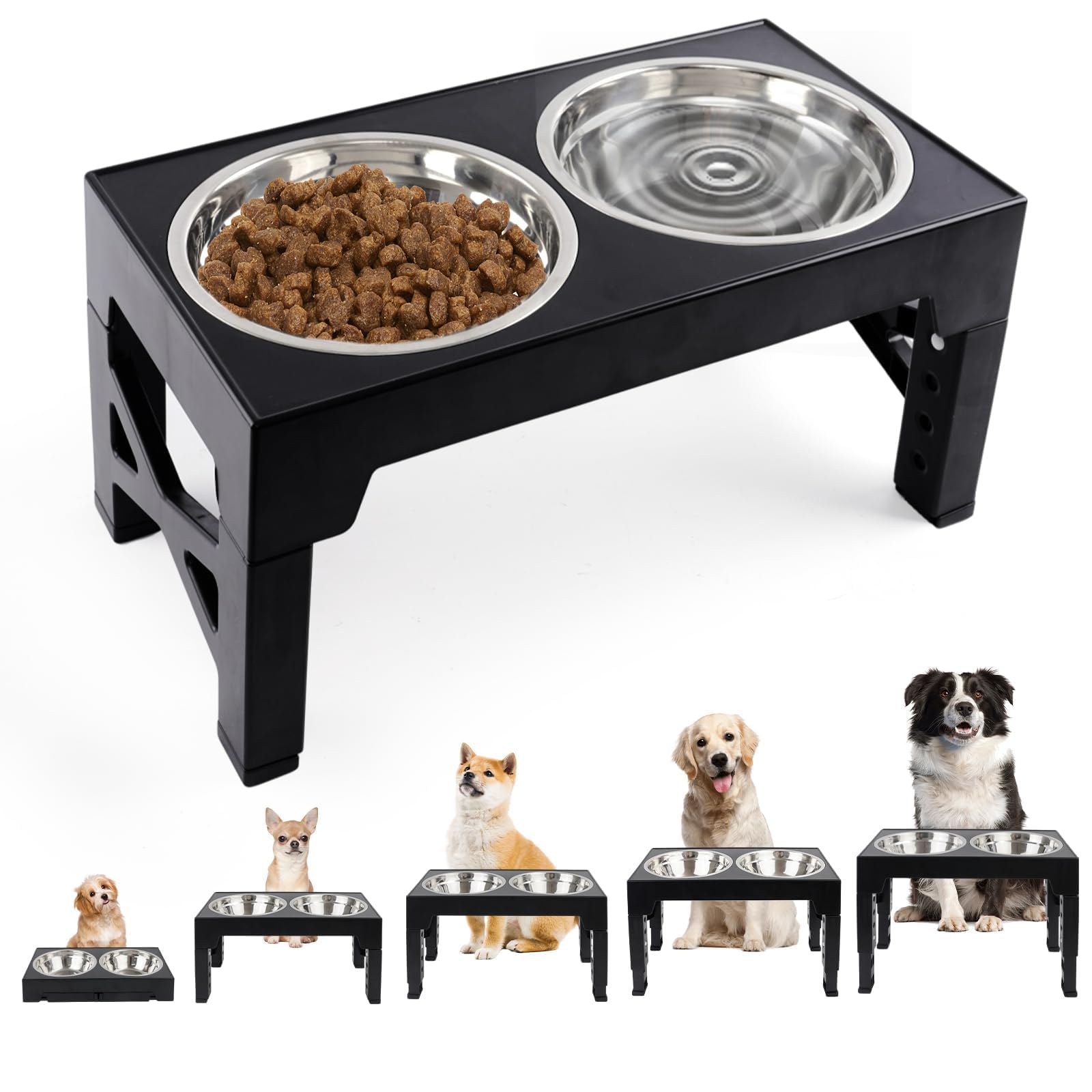 Gamelle Surélevée pour Chien et Chat - 5 Hauteurs Ajustables, 2 Mangeoires INOX Anti-Éclaboussure, Support Antidérapant pour Petits, Moyens et Grands Animaux