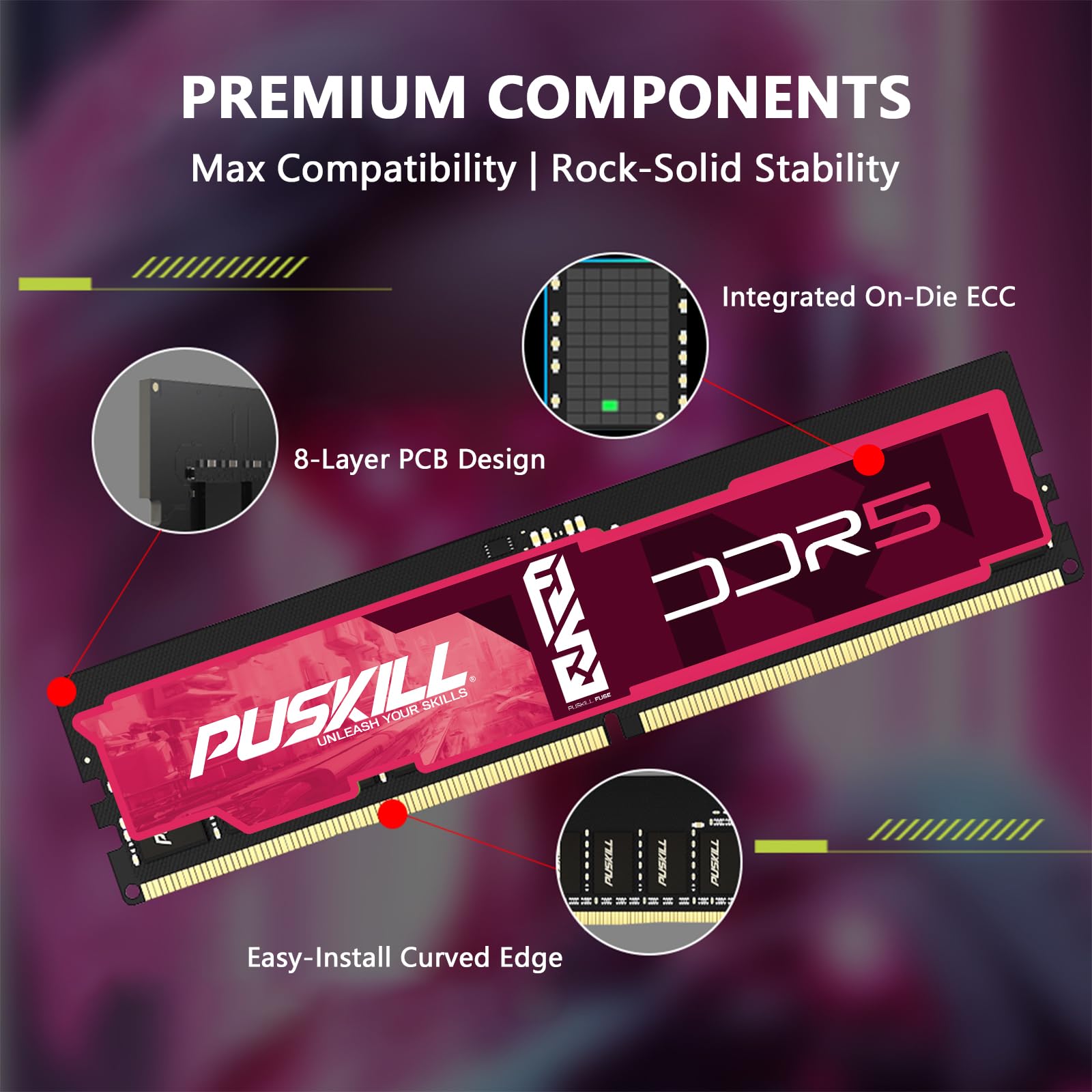 PUSKILL 32GB DDR5 RAM (2x16GB) 4800MHz CL38 Desktop Memory Kit