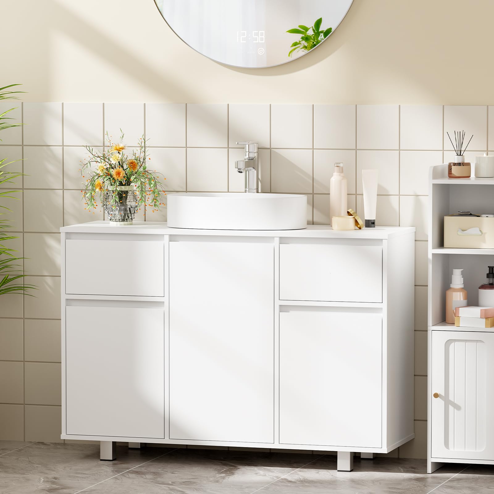 BEWISHOME Waschbeckenunterschrank, Badezimmerschrank mit 2 Schubladen 3 Schrankfächern,Viel Stauraum, Unterschrank Waschbecken mit Füßen, Maße 90 x 30 x 62.5 cm, Weiß