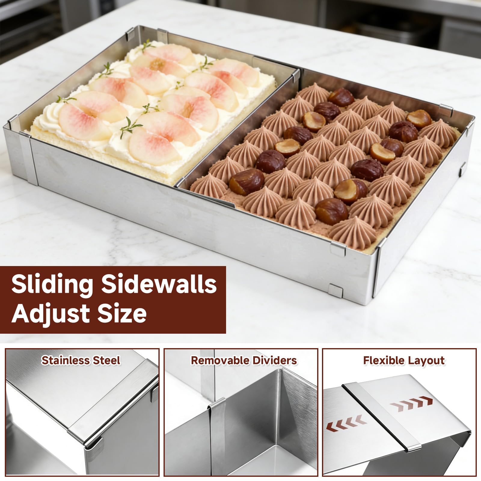 Veebmys Molde Pastel Ajustable, de Acero Inoxidable Extensible de 18-28 cm a 32-53 cm, con Divisoria y 2 Espátulas, para Hornear Pasteles, Mousse, Tiramisú y Tartas — view 5
