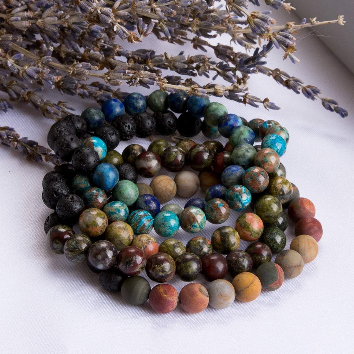 Bivei Beaded Bracelet Set 5pcs for Women Men - Natural Gemstone Crystal Bracelets Healing Anxiety Round Stretch Jewelry