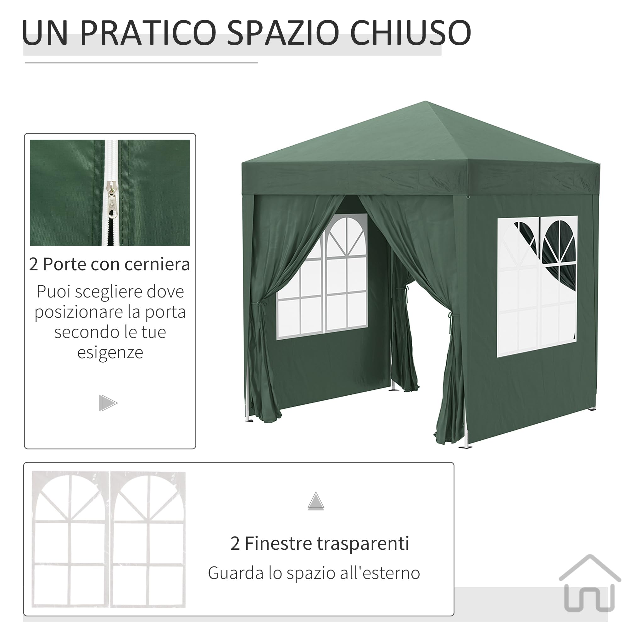 Outsunny Gazebo 2x2 m Pop-up Impermeabile con 4 Pareti Rimovibili, Gazebo Pieghevole in Metallo e Poliestere con Borsa da Trasporto, Verde