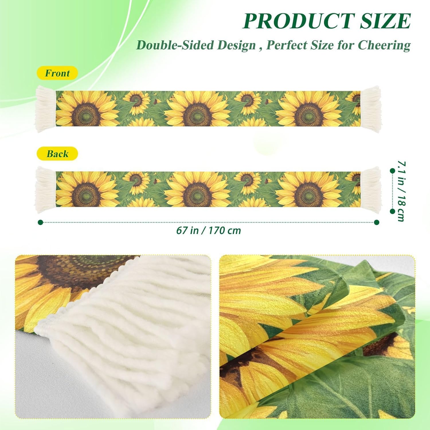 CHIFIGNO Sunflower Green Leaves Sports Fan Scarf Towel, Soft Soccer Scarf for Game Day, Quick Dry Polyester, Double Sided Print