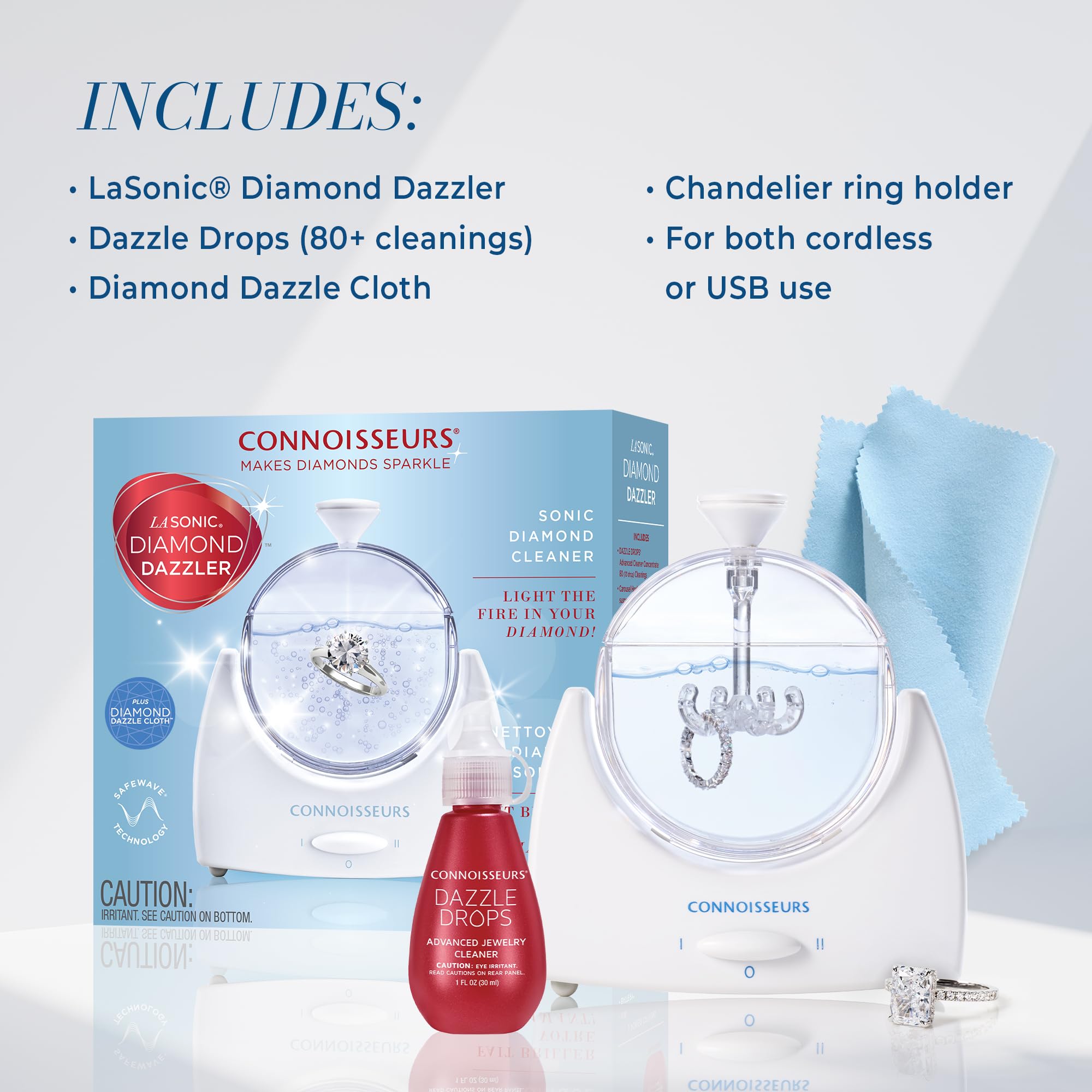 CONNOISSEURS LaSonic Diamond Dazzler Pulitore Gioielli | Pulitore Ultrasuoni ad Anello su Misura | Macchina per Pulizia Ultrasuoni con panno per la pulizia dei gioielli Diamond Dazzle e Dazzle Drop