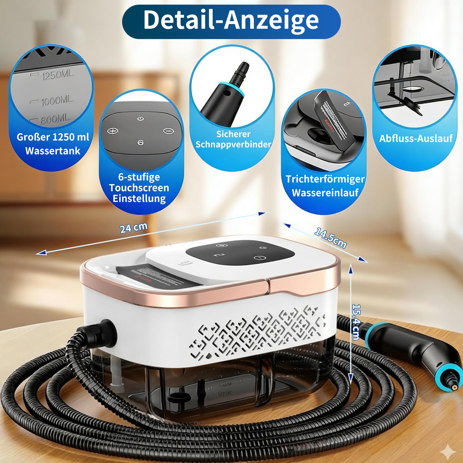 Dampfreiniger Handgerät, 2500W Handdampfreiniger, 8 Düsen, 6 Dampfstufen, 1250 ML Tank, 105℃ Hochtemperatur, 4 BAR Hochdruck, 15S Heizzeit, Tragbarer Dampfreiniger für Auto Küche Bad Polster