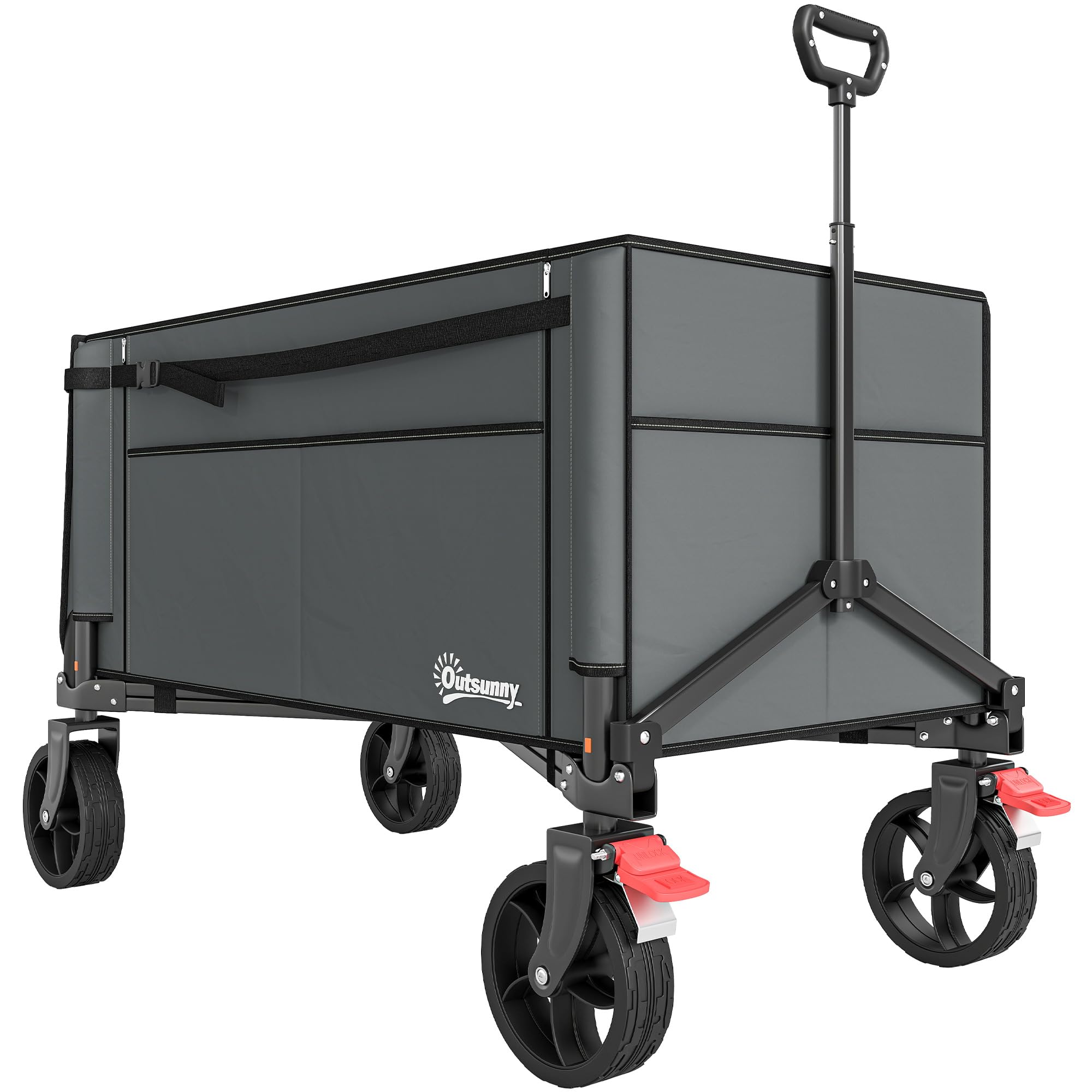 Outsunny Grey Folding Trolley On Wheels Garden Cart With Openable Sides