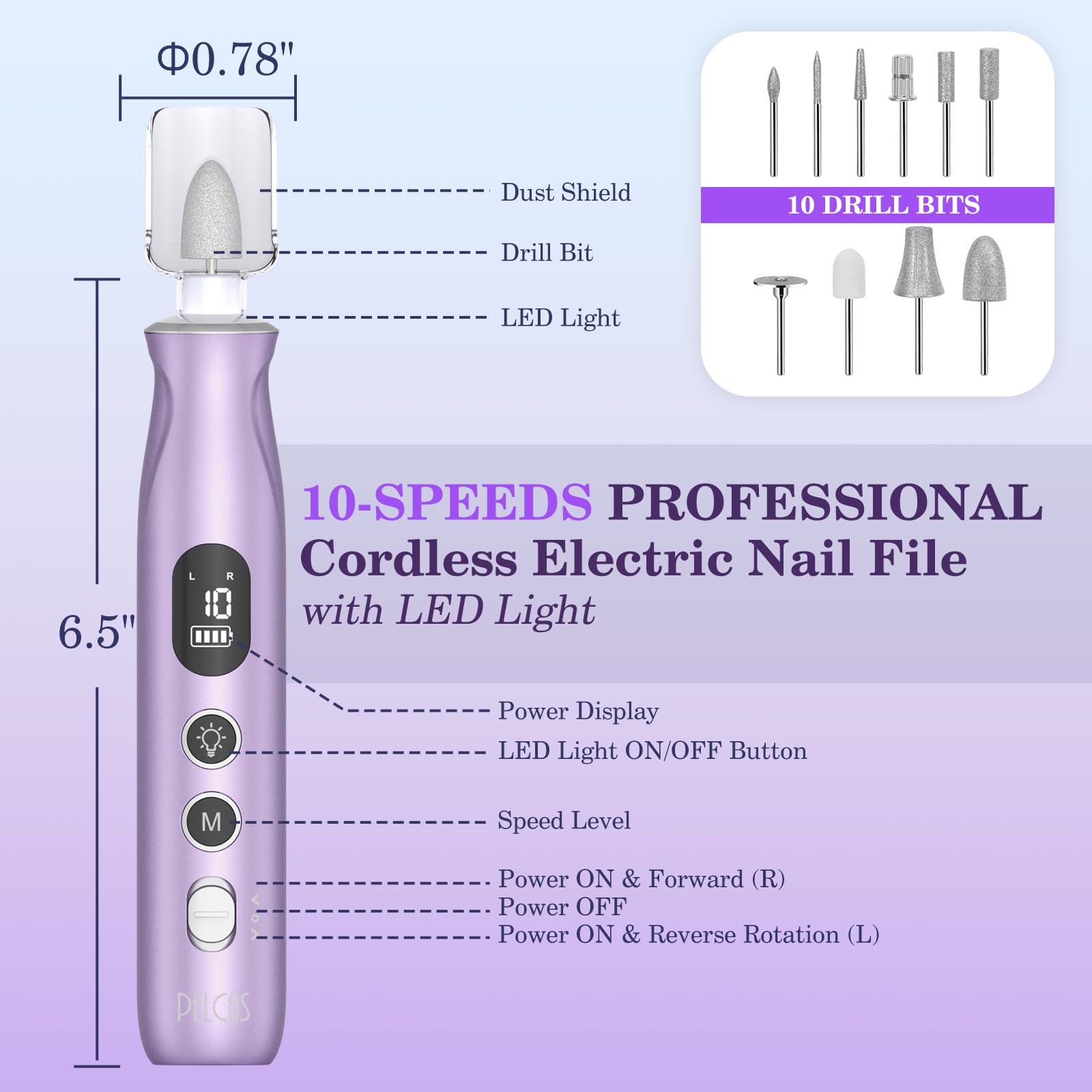 PELCAS Electric Nail Drills, 10 Speeds Cordless Nail File with LED Light, Portable Manicure & Pedicure Kit, Nail Grinder with LCD Screen for Human, Pet, Thick Toenails, Natural & Acrylic Nails Purple - image 5