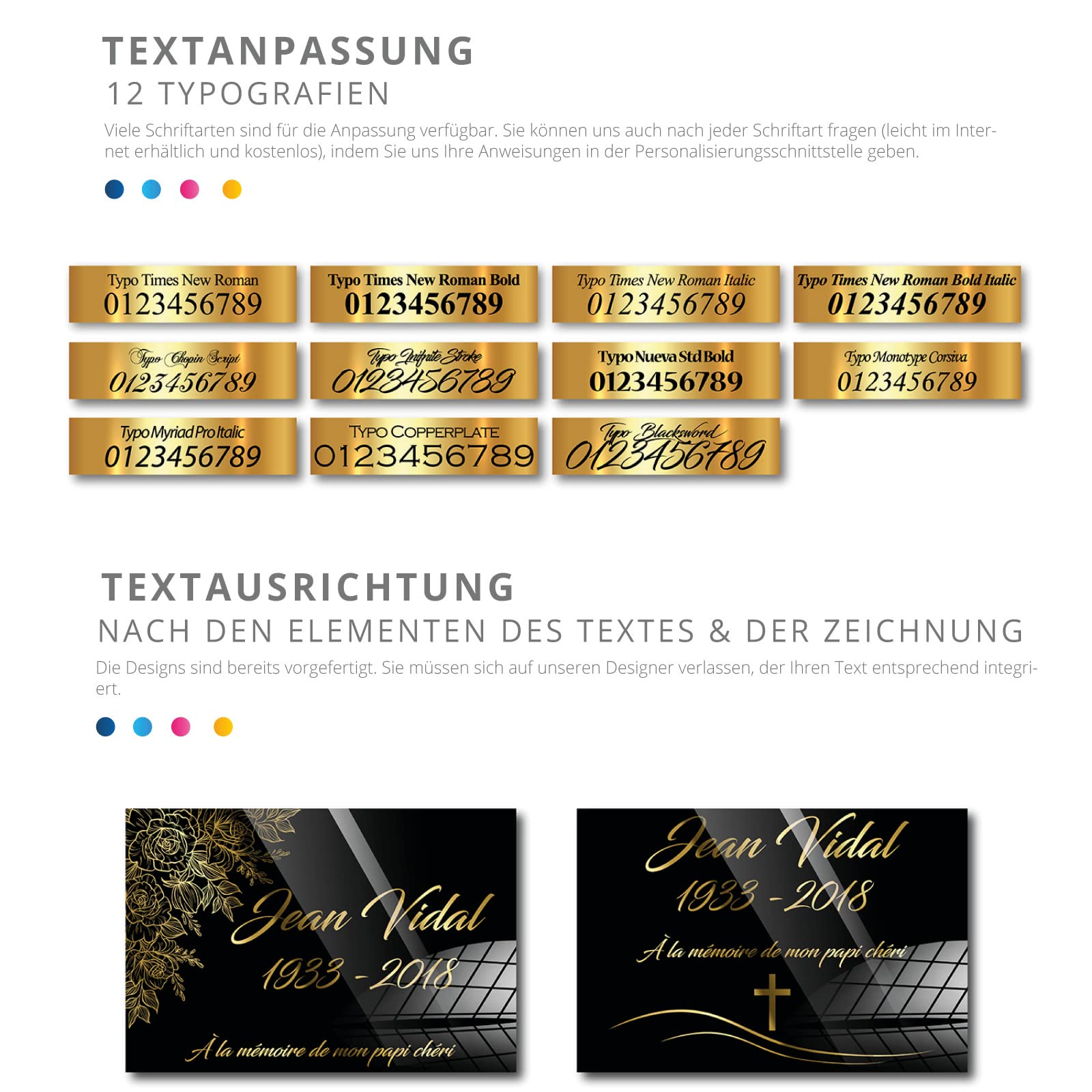GRAVURE CONCEPT Personalisierte Gedenktafel aus Troglass – Grabplatte für Grabstein oder Urnengrab – Farbe, Motiv und Größe individuell wählbar (Hintergrund Antikgold - 20 x 30 cm)