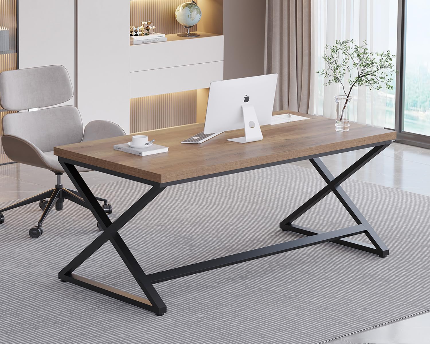 IBF Rustic Computer Desk, Modern Wood Metal Home Office Desk, Farmhouse Work Desk for Writing Study in Bedroom, Minimalist Laptop Executive Workstation Computer Gaming Table, Rustic Oak, 152 CM