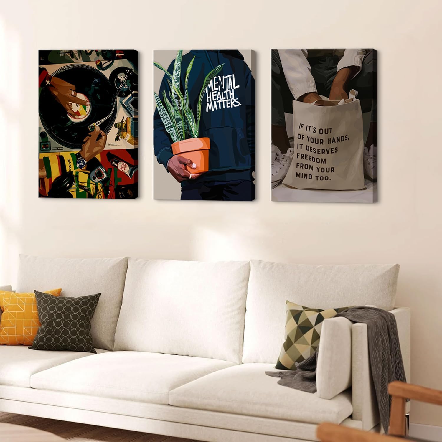 3 pcs Black Men Canvas Wall Art Fashion African American Black Man Prints Record Music DJ Painting Pictures Wall Decor Mental Health Artwork for Living Room Bedroom Home Decor 12x16 in canvas