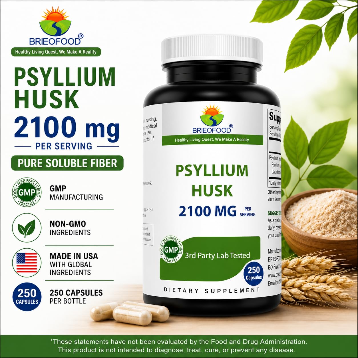 Brieofood Psyllium Husk Fiber Supplement with Lactobaciilus Acidophillus (La-14) - 2100mg per Serving - 250 Capsules - Helps Support Digestion, INTESTINAL Health & Regularity — Amazon image 5