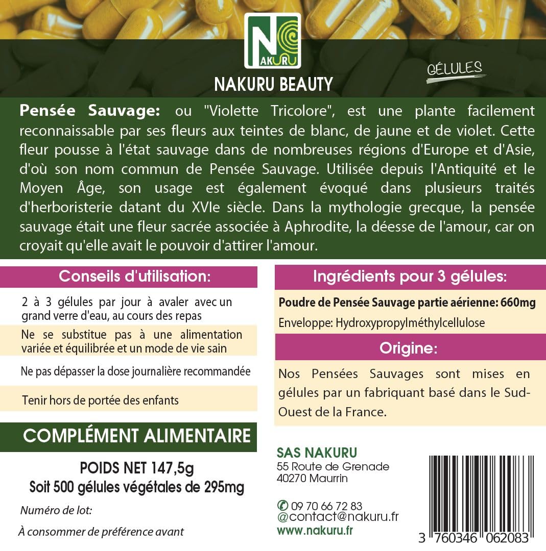 NAKURU | Pensée Sauvage | Gamme Beauty | Fabriqué en France | "La Fleur de Notre Dame!" (500 Gélules Végétales de 295mg / Poids Net: 147,5g)