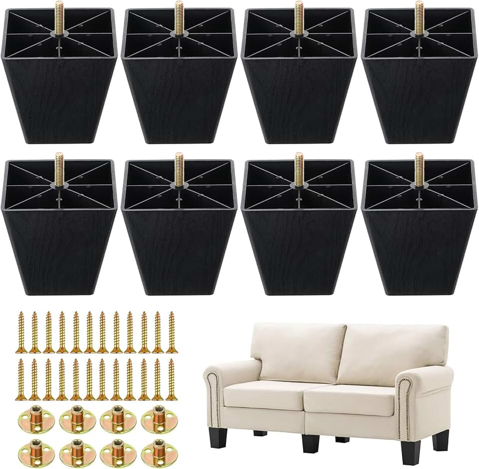 8 Pack 4 Inch Furniture Legs Plastic Sofa Coach Legs Square Tapered Feet Sofa Legs with T-Nuts Screws for Legs Sofas Chairs Cabinets Dressers Beds, Black