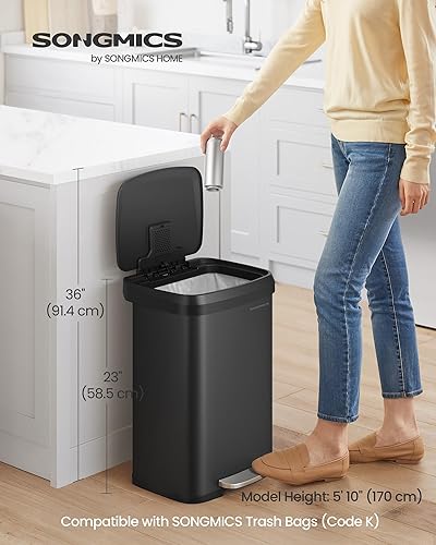 Miniatura 3 de SONGMICS Cubo de basura para cocina, 13 galones (50 L) de acero inoxidable, con tapa que permanece abierta y pedal para pisar, cierre suave, alto,