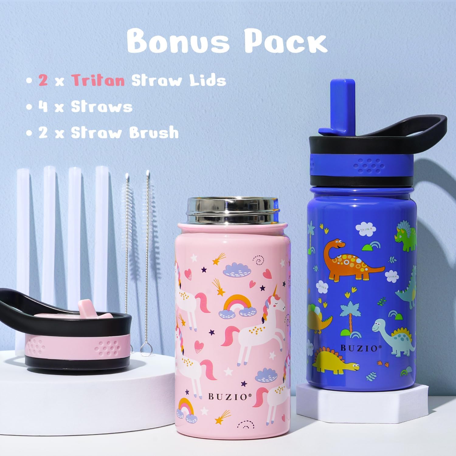 2-Pack Kids Water Bottle, BUZIO 14 oz Toddler Stainless Steel Insulated Water Bottles with Tritan Straw Lid, Leak Proof BPA-Free Wide Mouth Drink Flask for Shcool Boy Girl (Pink Unicorn+Blue Dinosaur) - Image 2