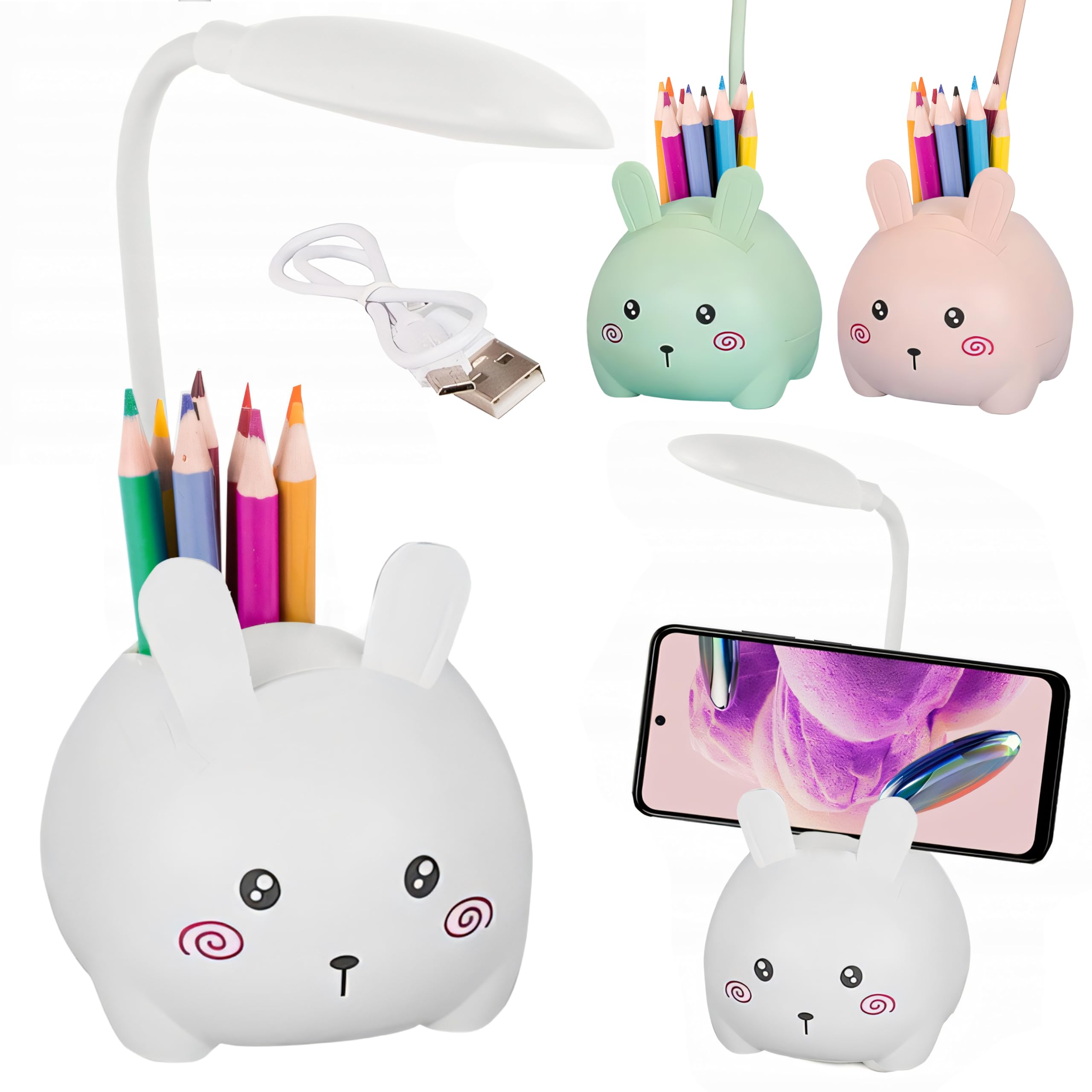 things-4you Lámpara Infantil Conejo Blanco con Portalápices y Soporte Móvil – Luz Nocturna LED Recargable USB-C – Flexo Escritorio Niños y Mesita de Noche