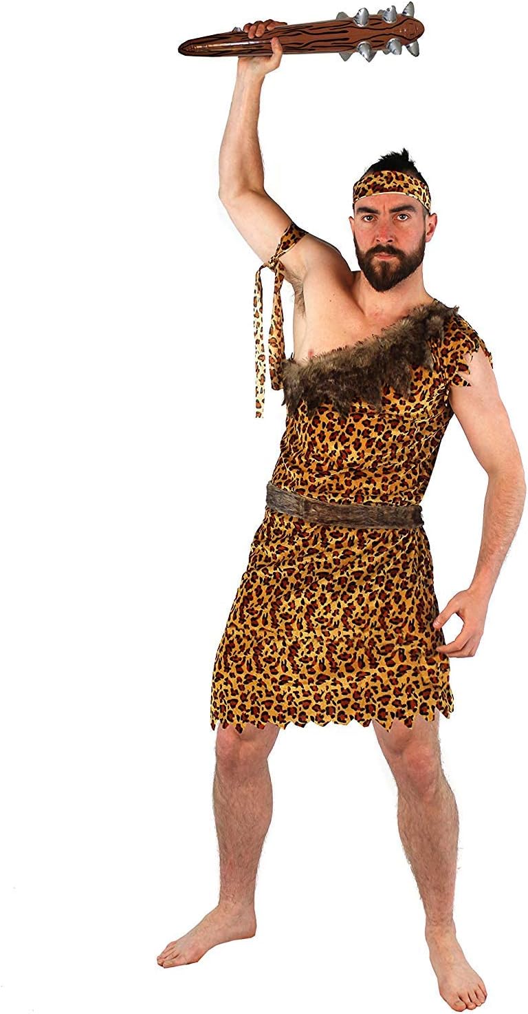 MENS CAVEMAN FANCY DRESS COSTUME - DELUXE CAVEMAN LEOPARD PRINT TUNIC + MATCHING HEADBAND & ARMBAND + FAUX FUR BELT - PERFECT FOR FANCY DRESS PARTIES - SIZE: X-SMALL