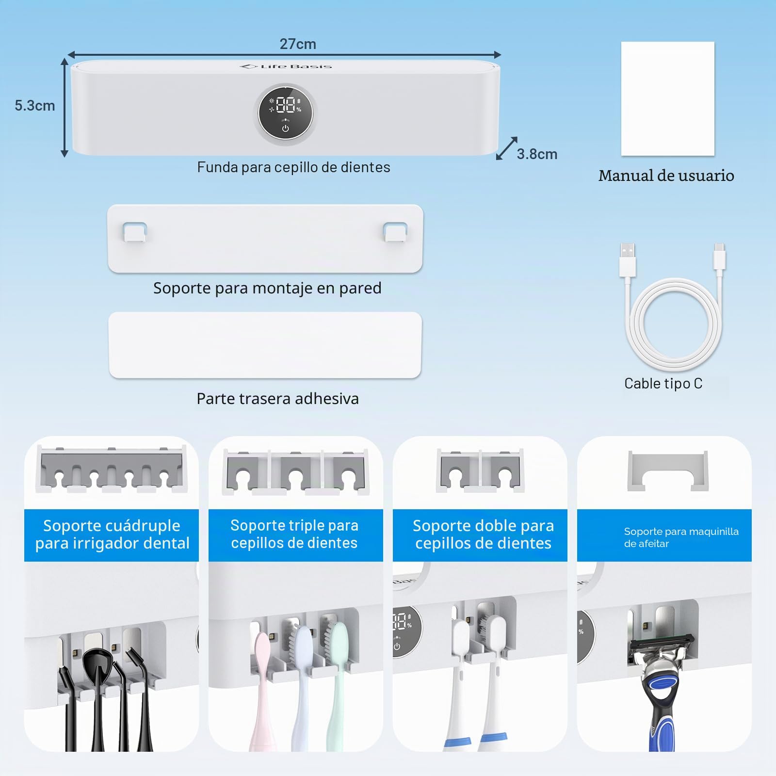 LifeBasis UV-Sanitizer de Cepillos de Dientes con Pantalla LED, Sensor de Infrarrojos, Soporte para Cepillo de Dientes para Desinfección UV y Secado, Cepillo de Dientes Eléctrico de Pared, Recargable