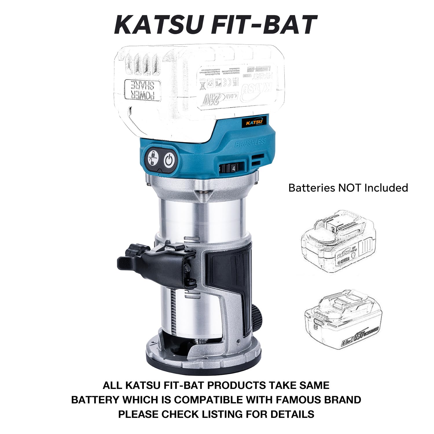 KATSU Cordless Wood Trimmer Laminator Router Router Strumento per falegnami 18V con 3 mandrini Pinze 1/4", 6 mm e 8 mm solo corpo