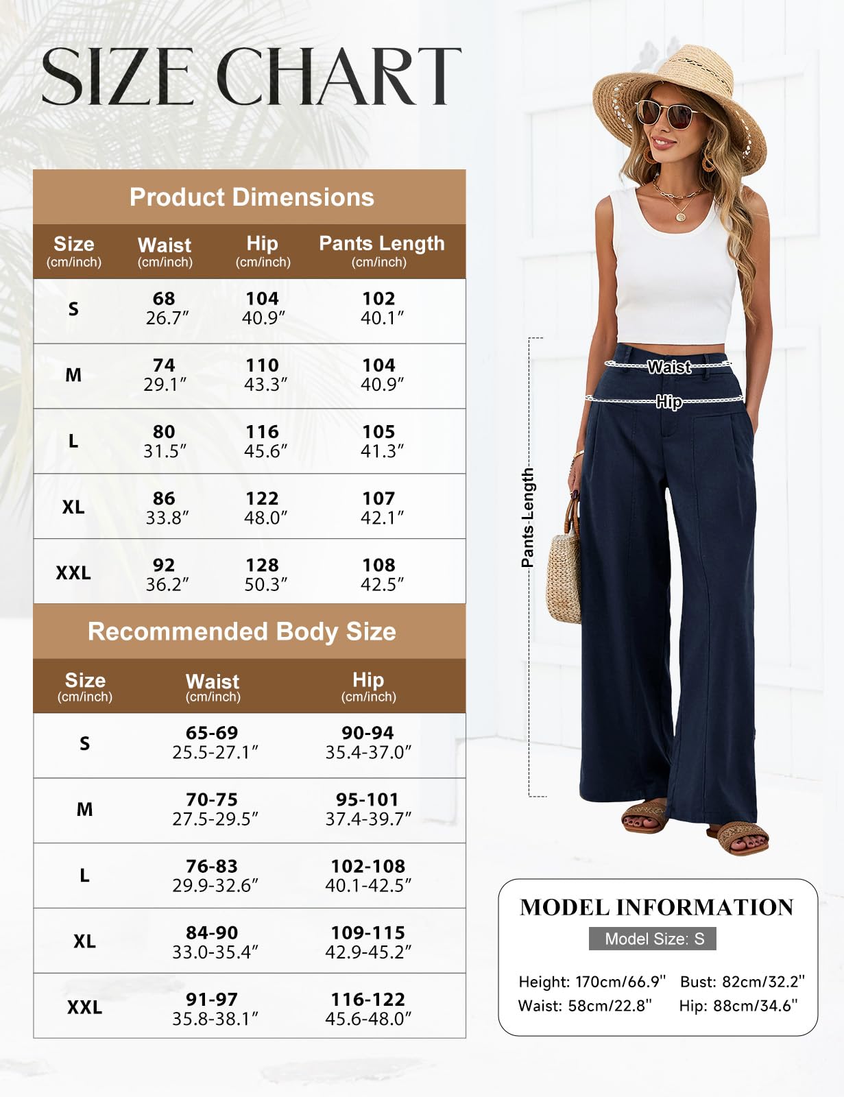 Pantaloni Lino Donna Estivi Gamba Larga Pantaloni Elastico in Vita Leggeri Traspiranti Pantaloni Casual Comodi Palazzo con Tasche e Bottoni