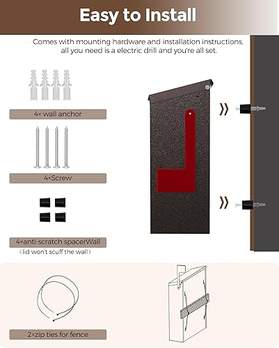 Miniatura 129 de LAND·VOI Buzón de pared con un kit de bandera y tres juegos de calcomanías de números de buzón de 0 a 9, buzones para exterior, buzón de metal Negro