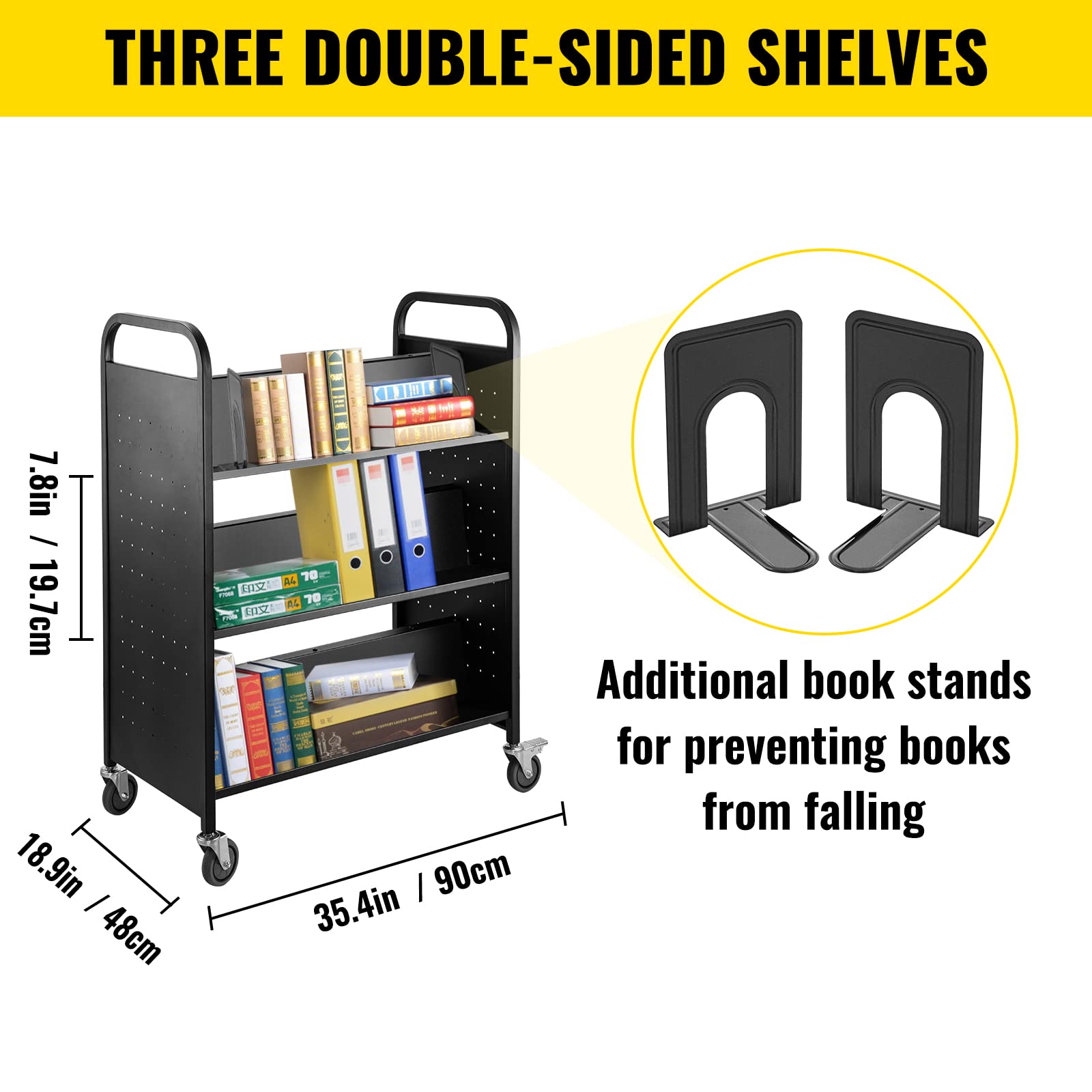VEVOR Bücherwagen, 90 kg Bibliothekswagen, 125 x 90 x 48 cm Rollender Bücherwagen, doppelseitige, W-förmige, geneigte Regale mit feststellbaren Rädern für Heimregale, Büro, Schule, Bücherwagen