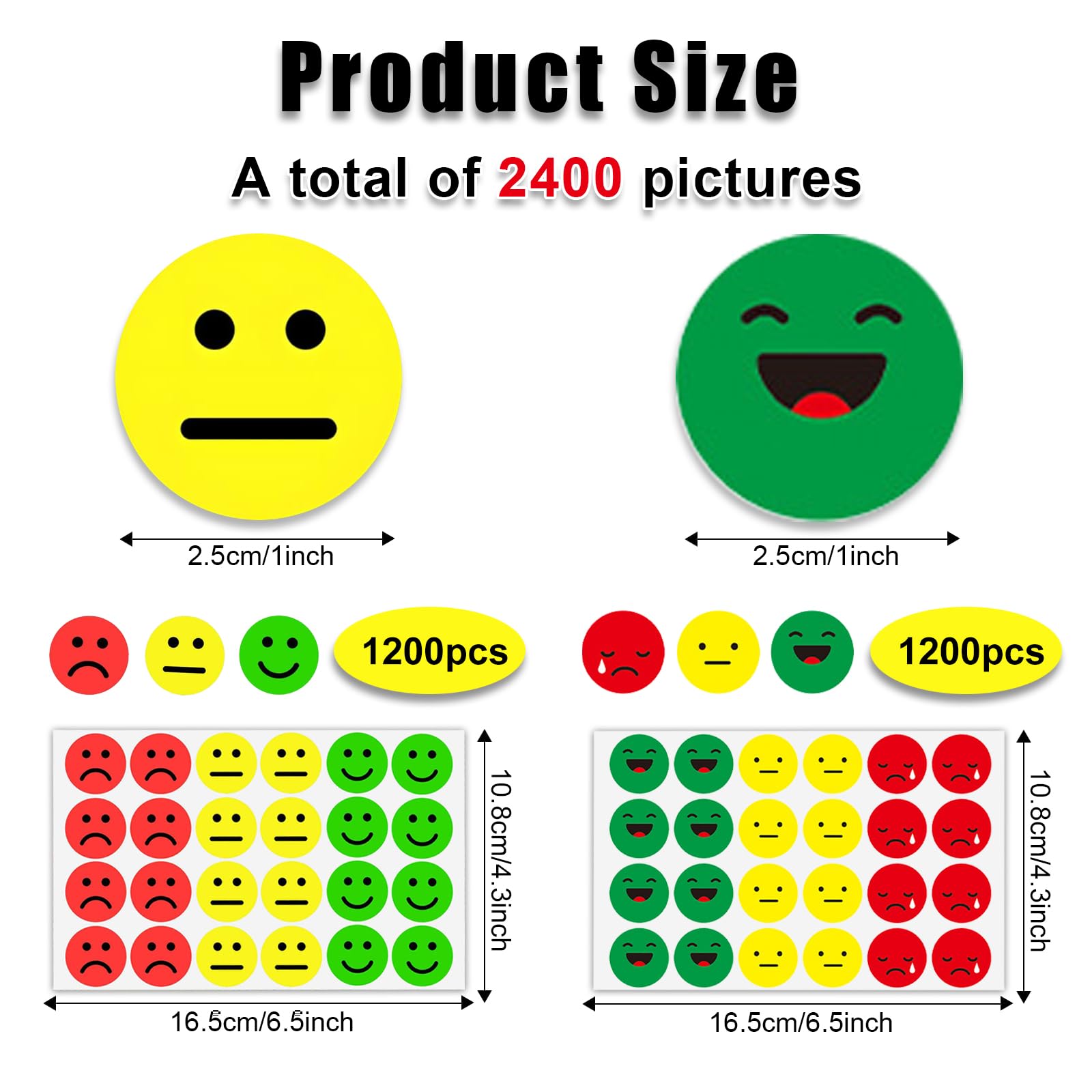 ChAusa 2400 Pcs Smile Stickers 2.5cm Happy/Sad Smiling Face Stickers Emotions Stickers Round Red Yellow Green Traffic Light Smiley Face Stickers Kids Reward Stickers for Teachers Parents - Image 2