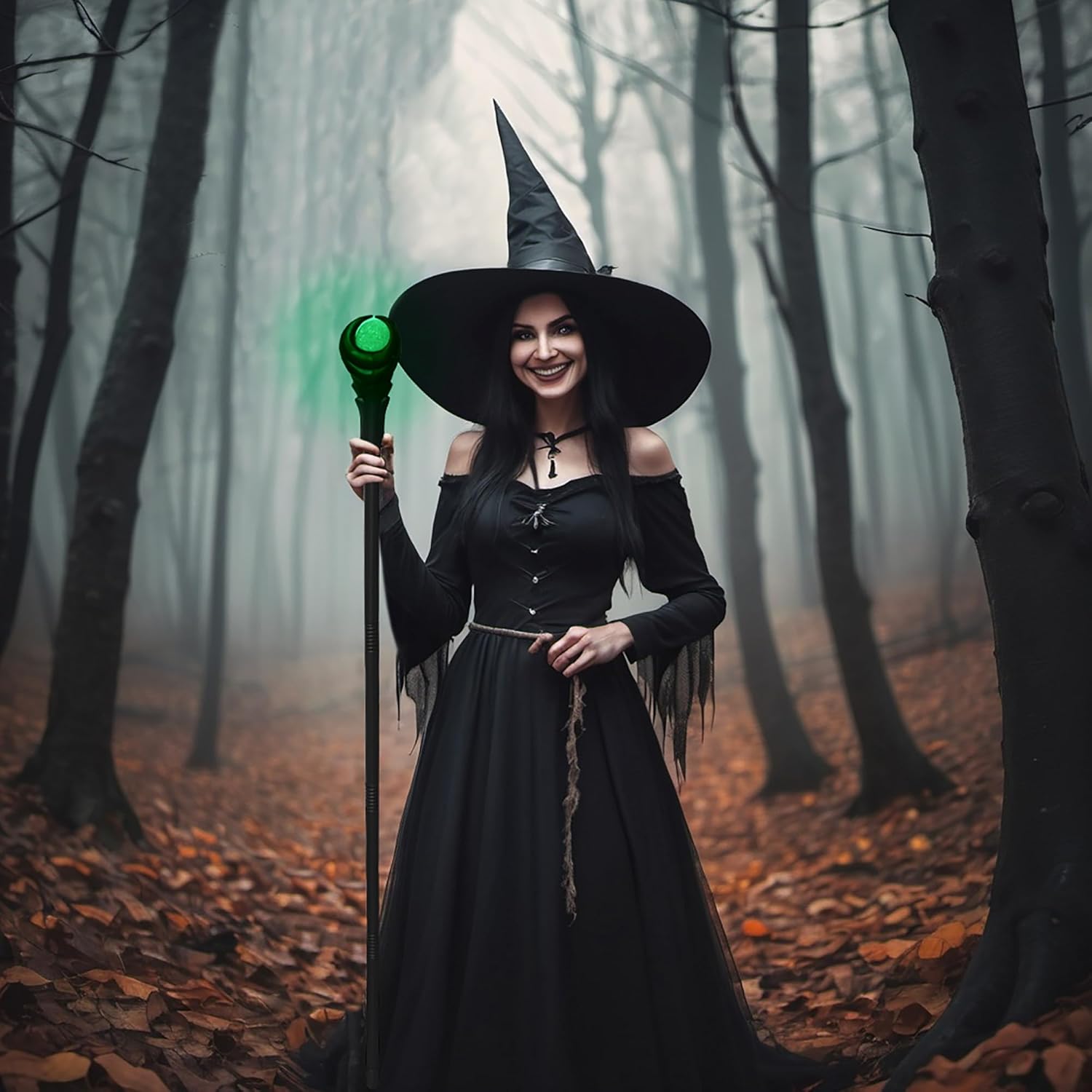 Morph Light-Up Wizard Staff with Green Crystal Ball Orb Gothic Witch Warlock Costume Prop Halloween Cosplay Accessory for Adults