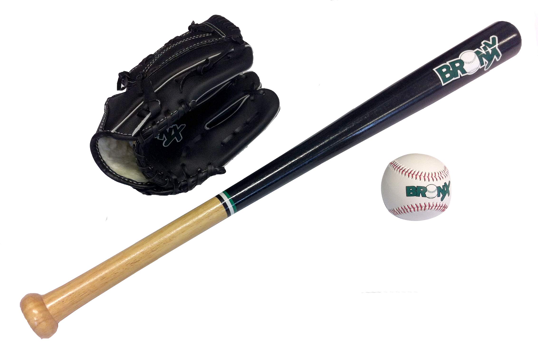 Bronx Baseball Bat, Ball & Glove Set - 25 Inch Wood Bat, 10 Inch Vinyl Glove, Black - Starter Kit for Youngsters