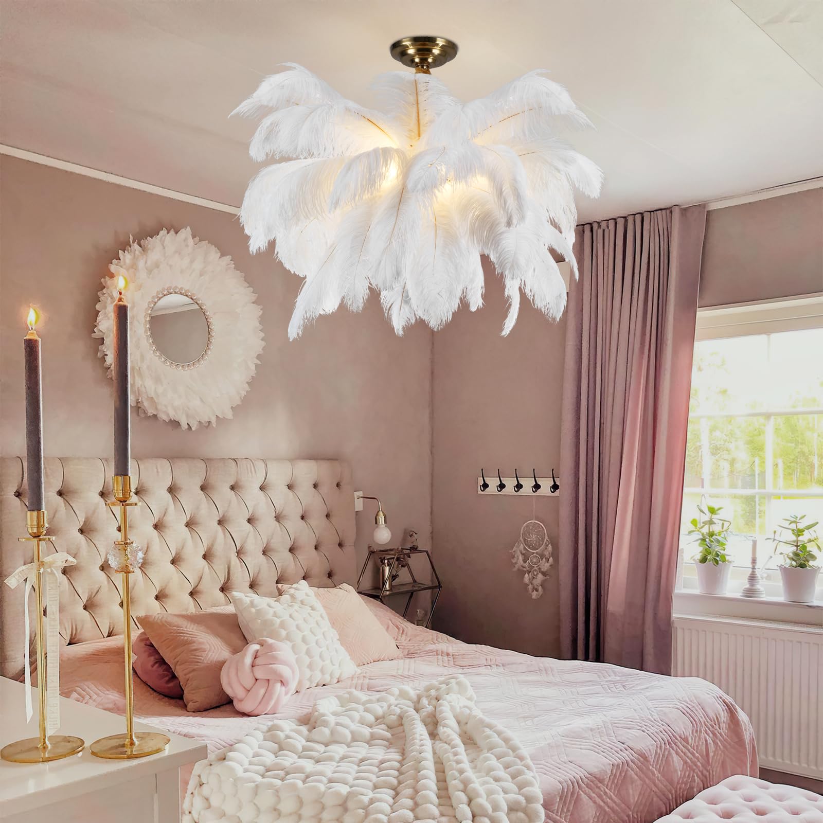 kvtinmty Large White Feather Pendant Light, 32in Modern Ostrich Feather Chandelier, 6 Lights Ceiling Chandelier,Luxury Decorative Pendant Lamp for Bedroom Kitchen Restaurant Living