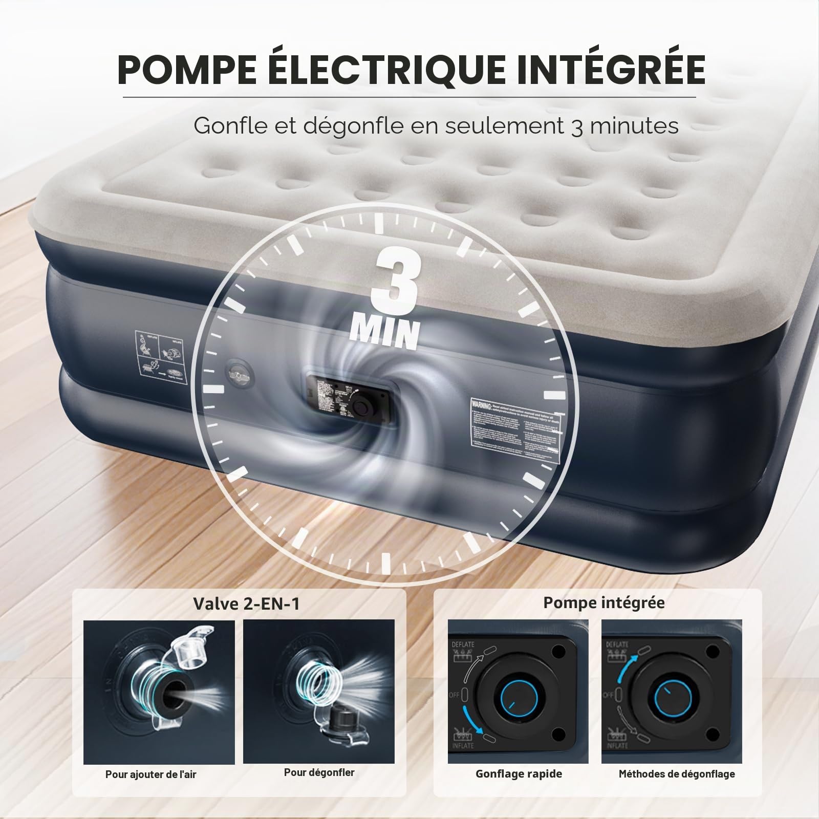 NALONE Matelas Gonflable 2 Personnes,lit Gonflable,Matelas Gonflable 2 Personnes Electrique Gonflage Rapide en Trois Minutes,Durable,pour Usage Domestique et recevoir des invités,201x150x46CM