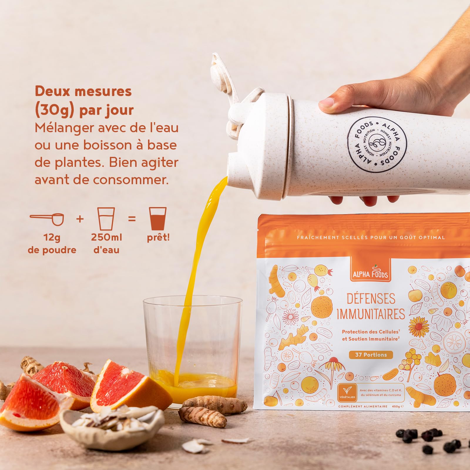 Défenses Immunitaires en Poudre | 450 g | avec Vitamine C, D et K2, Quercétine, Camu, Curcuma, Gingembre, Sélénium, Zinc et NAC | Soutien du Système Immunitaire | Alpha Foods