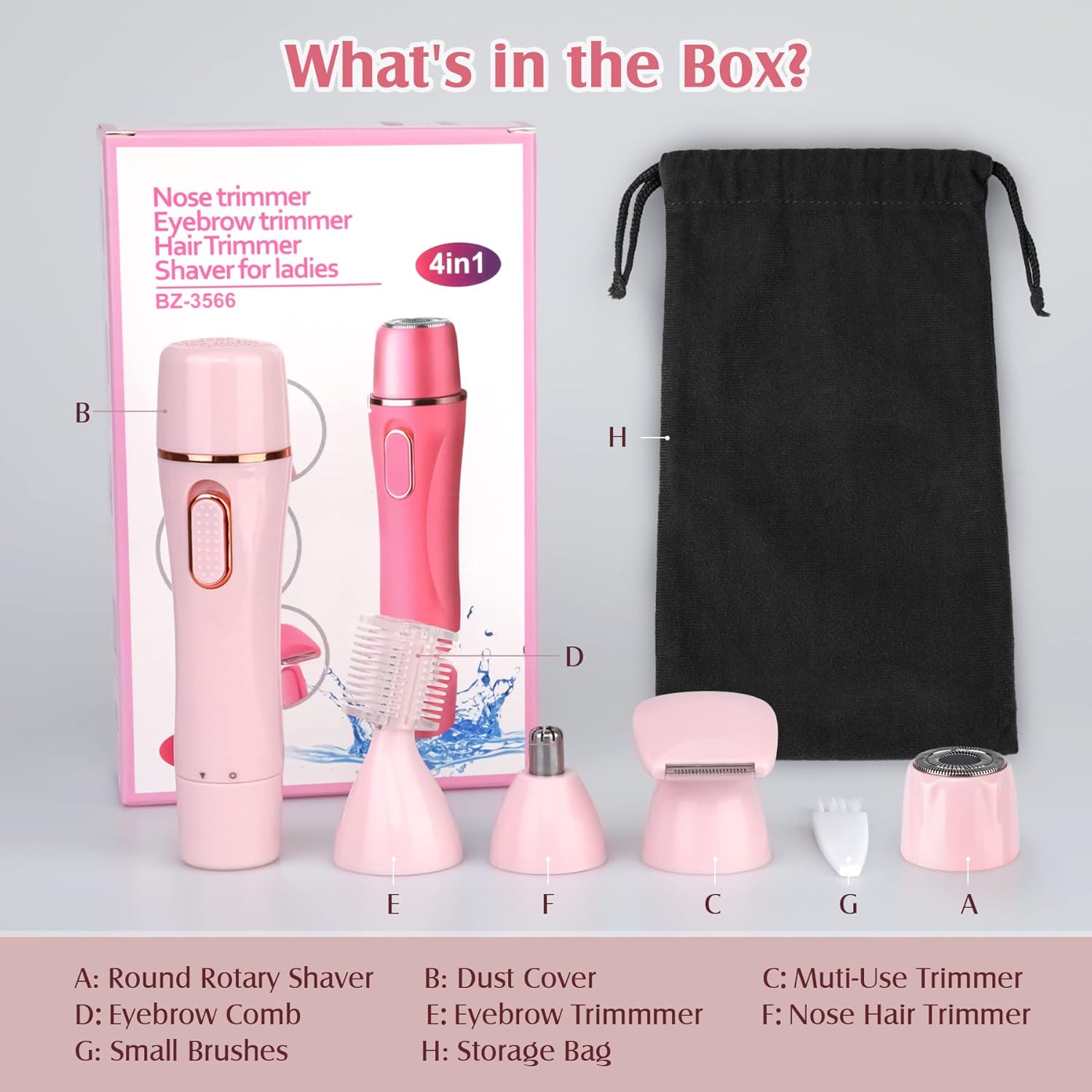 Contents of the SEABIRD 4-in-1 electric trimmer box, including the main device, round rotary shaver head, multi-use trimmer head, eyebrow trimmer head, nose hair trimmer head, eyebrow comb, small brushes, and a storage bag.