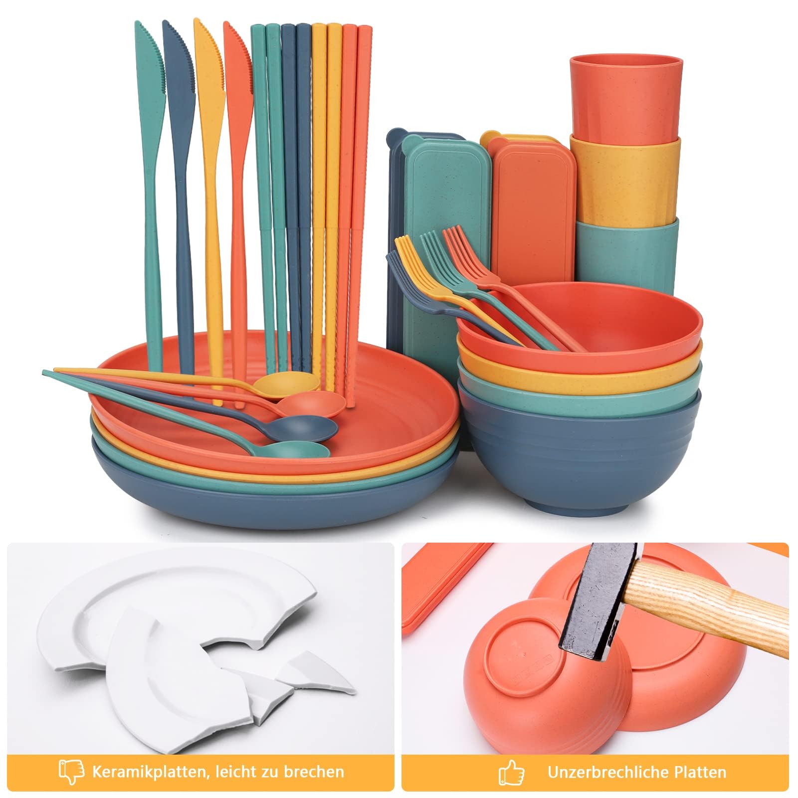 Set de Vaisselle de Camping Indestructible 44 Pièces - Assiettes et Bols Réutilisables pour 4 Personnes - Tasses et Couverts Complets pour Pique-nique, Fêtes et Famille