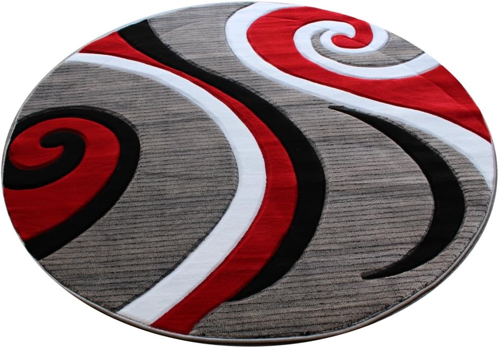 Masada Rugs, Sophia Collection Hand Carved Area Rug Modern Contemporary Red White Grey Black (5 Feet 3 Inch X 5 Feet 3 Inch) Round