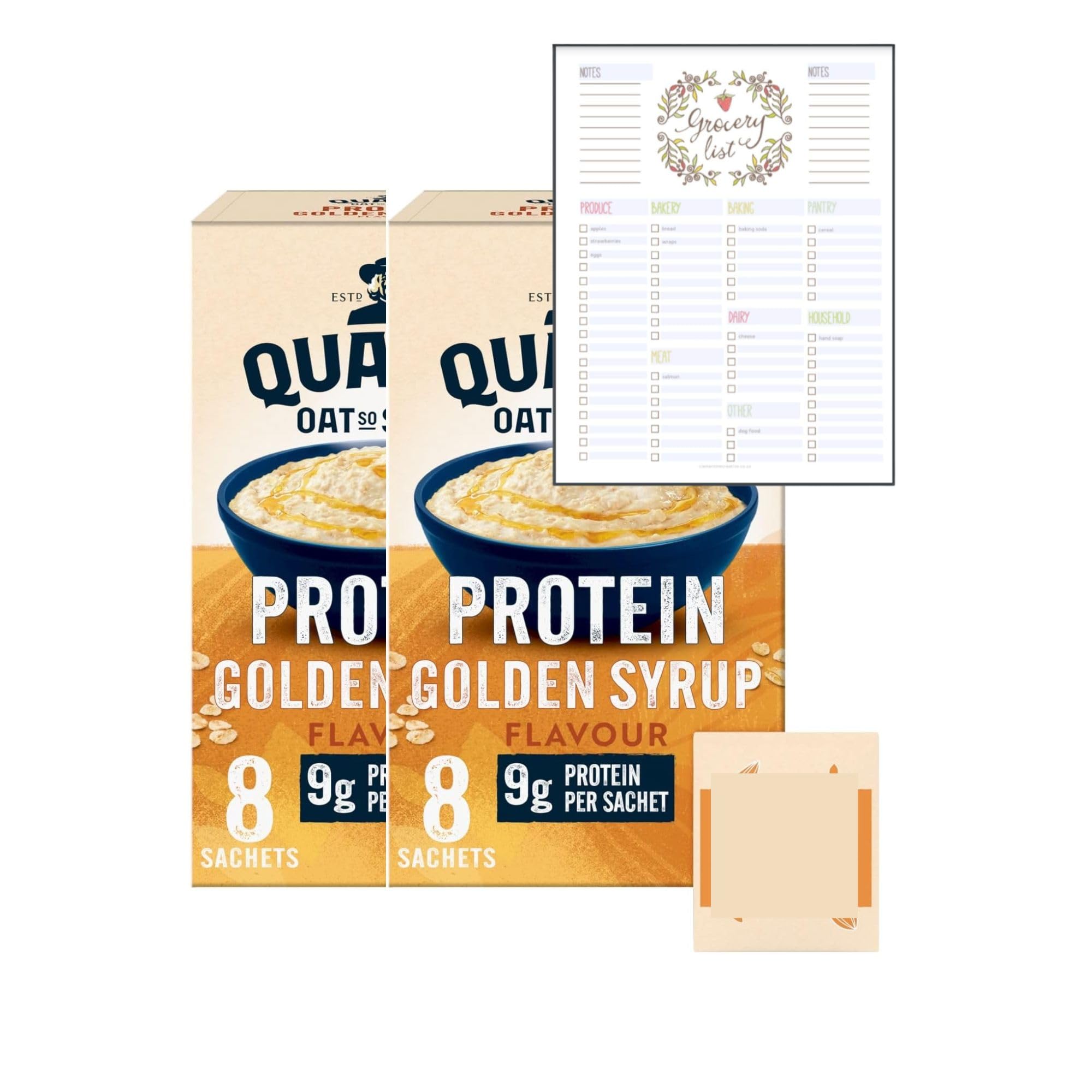 Oat Porridge Bundle which Contains Quaker Protein Oat So Simple Golden Syrup Porridge Sachets 8x43g - Pack of 2 with Grocery List Card