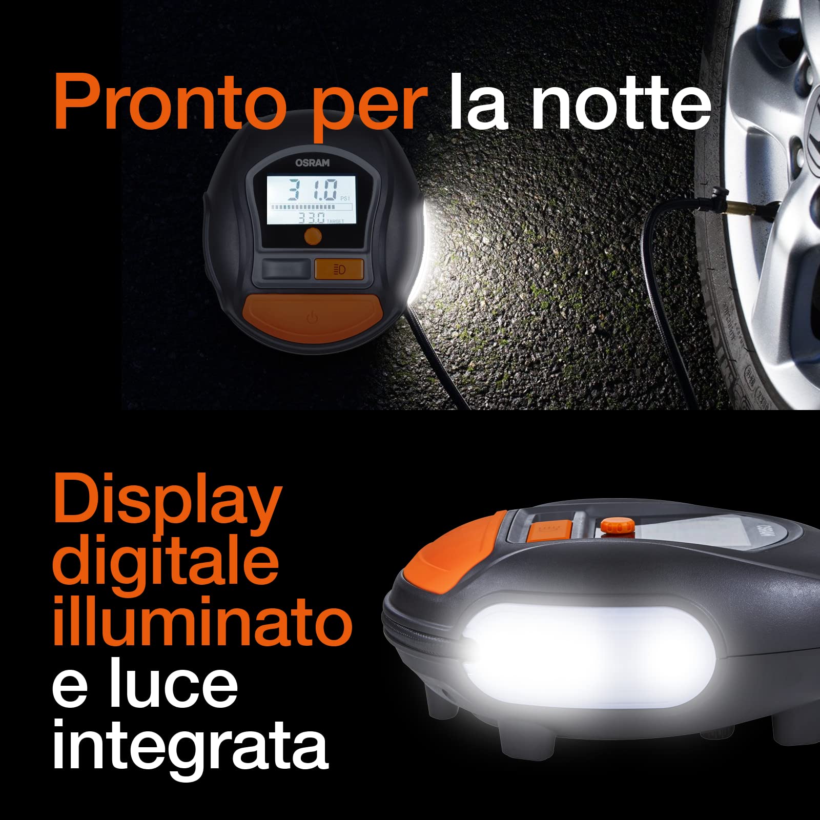OSRAM TYREinflate RAPID, compressore d'aria digitale a 12 V, compressore portatile, autostop, luce LED, programmabile, pompa elettrica per pneumatici, collegamento 12V, gonfiaggio in 2 min