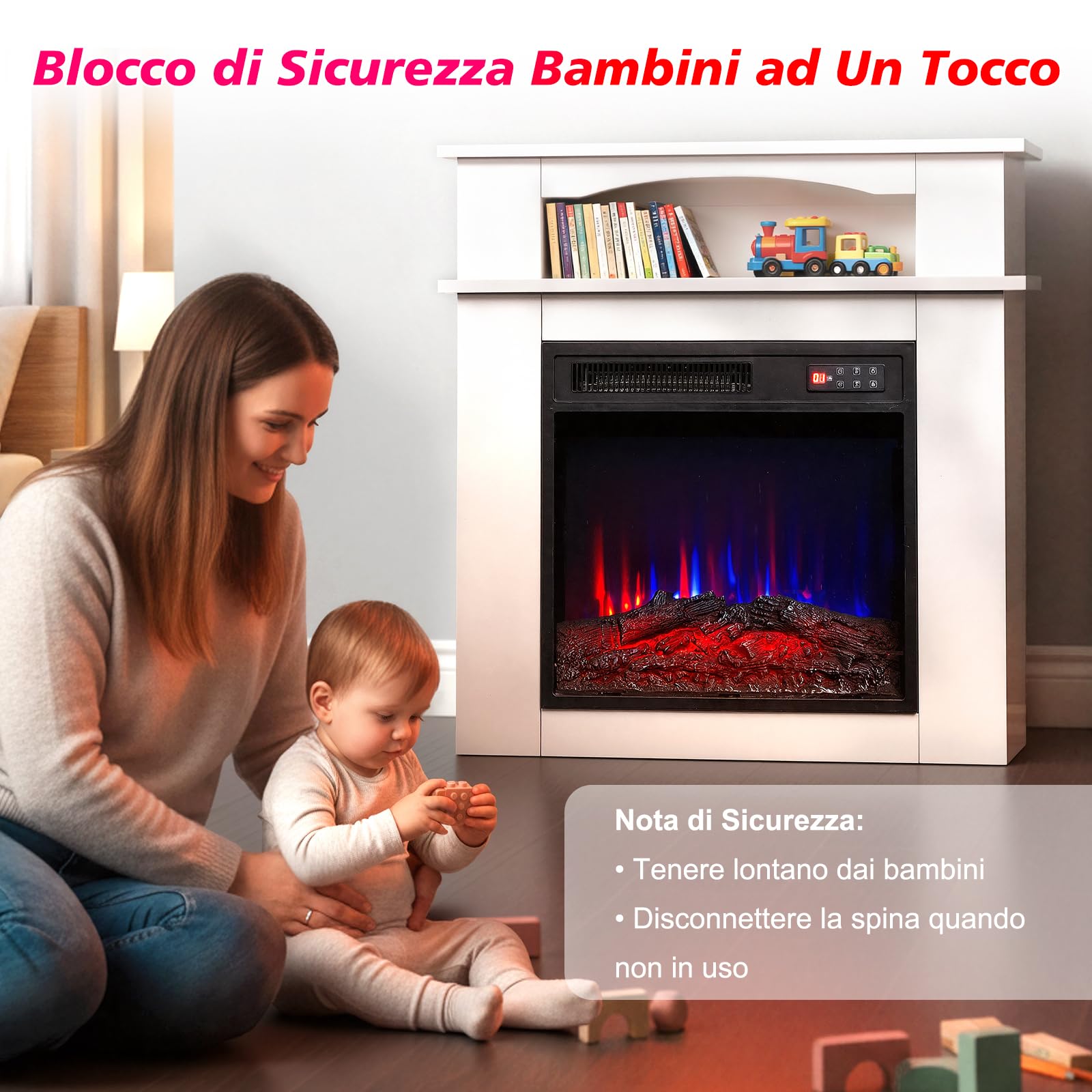18" Caminetto Elettrico, 900W/1800W Camino Elettrico, 7 Colori di Fiamma 3D, Striscia LED, Telecomando, Protezione Surriscaldamento, Timer, incluido Cornice