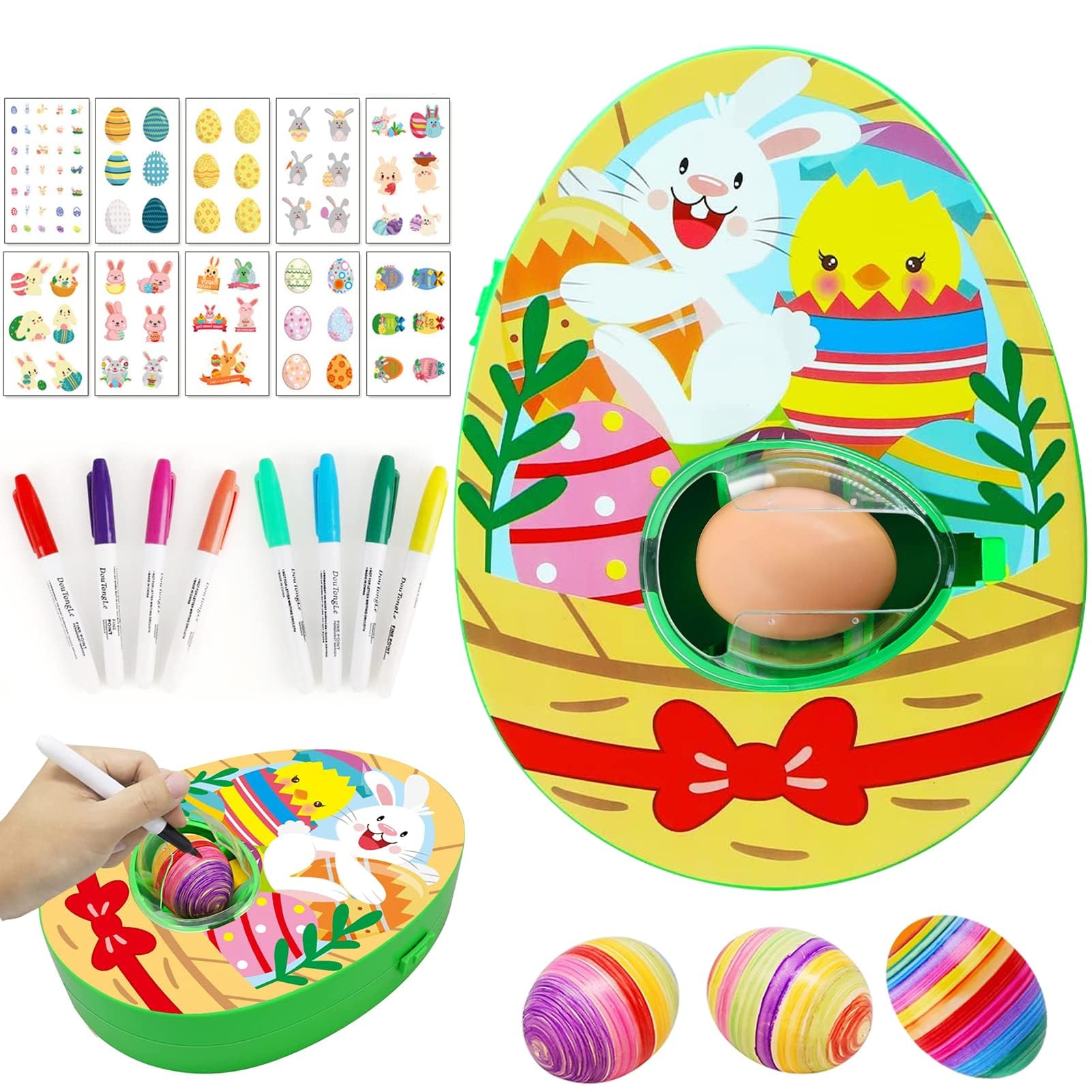 Ostereier Maschine,Osterei Dekorationsset,Ostereier Malmaschine zum Bemalen | Oster Eier Dekos Kit mit Eier-Malgerät,8 Farben Marker Stiftes, 3 Eier & 10 Aufkleber, DIY Gemalte DekoOstereier für Kinder