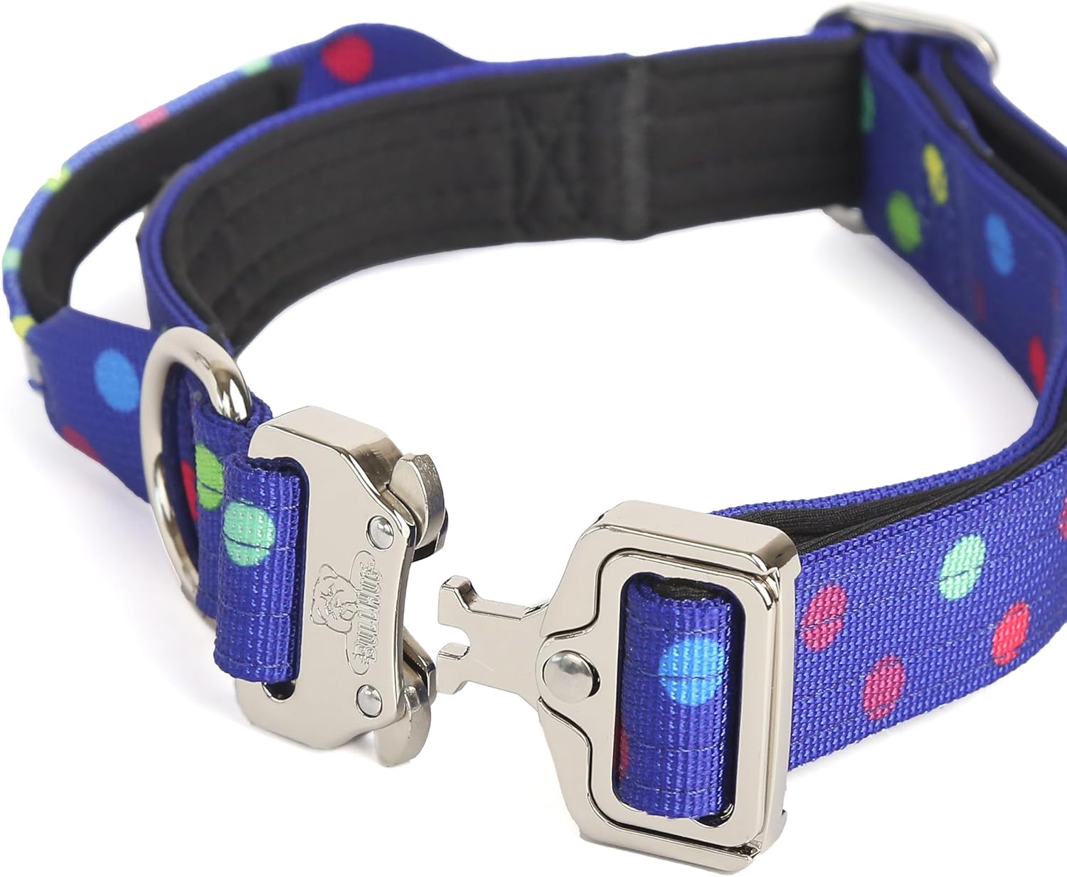 BullHug Tactical Wide Nylon Dog Collar with Handle – Heavy-Duty, Quick-Release Buckle for Enhanced Control, Ideal for Heavy Pullers – Small/Medium/Large Breeds (1 inch Wide - (Polka Dots, Large)