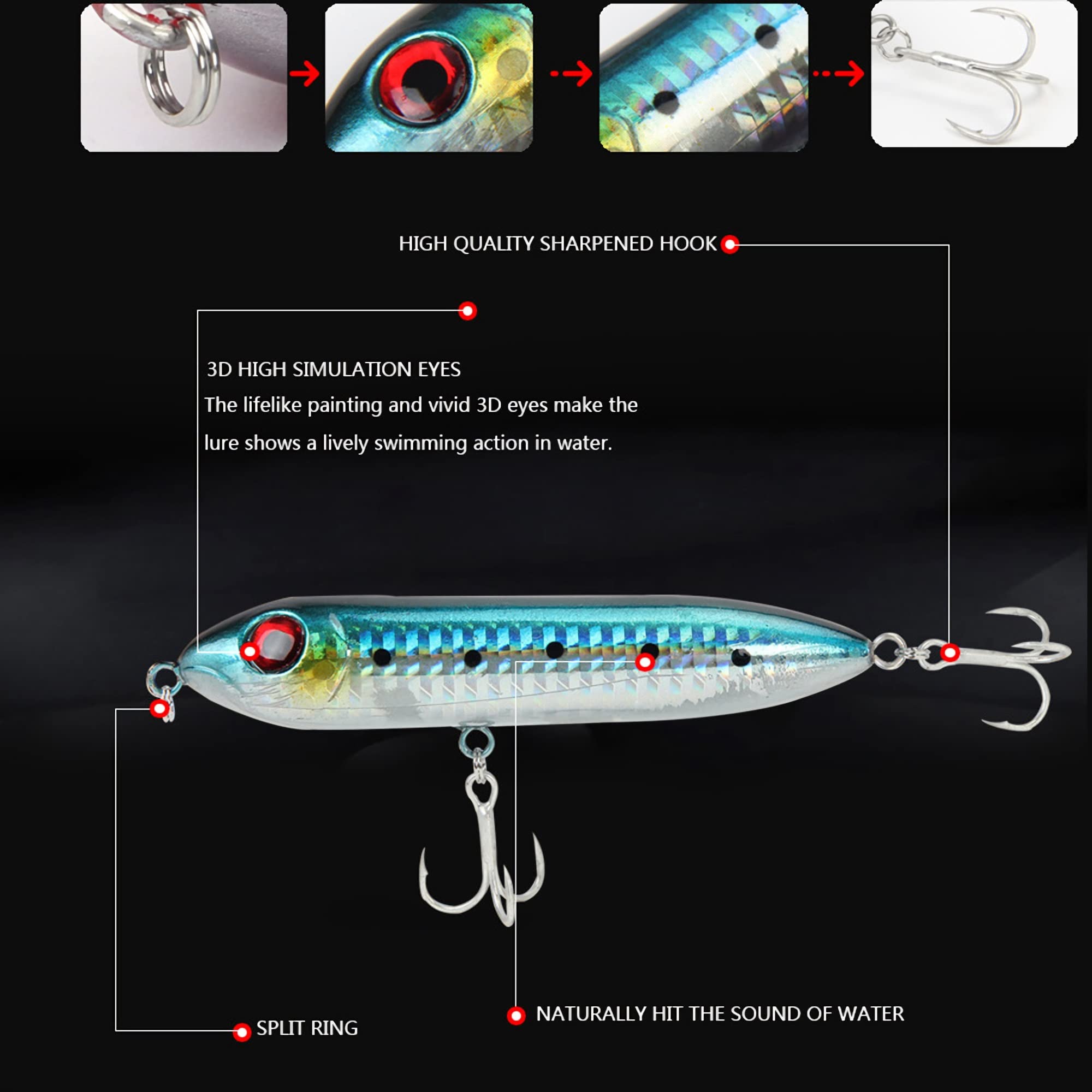 Cebos de Pesca, Señuelos de Pesca de 6 Piezas, plomos de 10 cm/14 g de Tiro Largo, señuelo de lápiz biónico Flotante, Cebo Duro Artificial for Agua Dulce y Salada, Simple y práctico