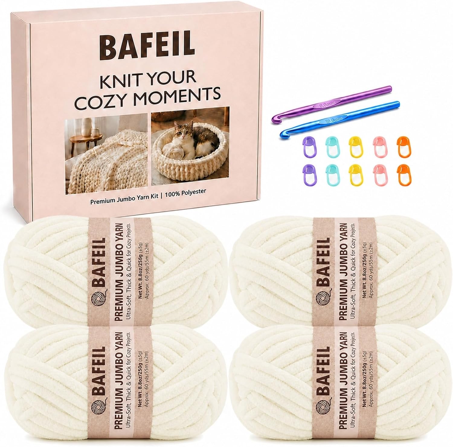 Chunky Chenille Yarn Kit, 4 Pack 10mm Soft Bulky Yarn for Crocheting